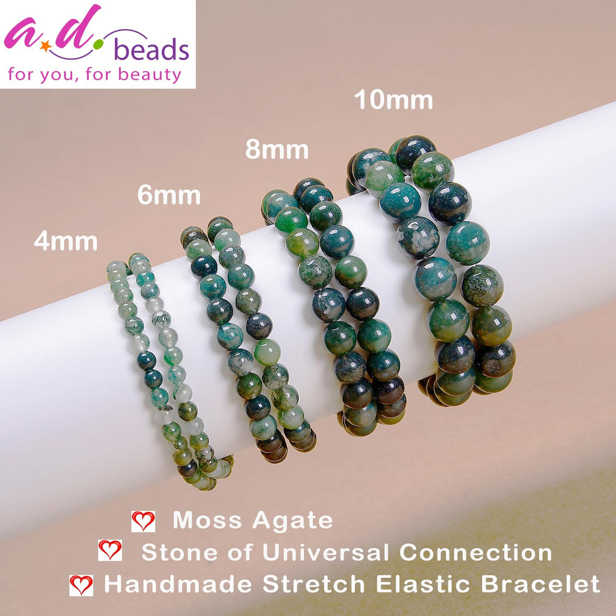 AD Beads Handmade Gemstone Stretch Elastic Bracelet Crystal Healing Reiki Nature's Beauty and Spiritual Essence Unisex (4mm, Moss Agate (Universal Connection))
