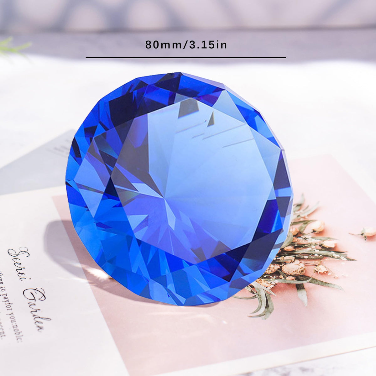 QIANCHANG 80mm Blue Crystal Diamond Paperweight Large Faceted Glass Diamonds Prisms Jewels Gemstones for Home Wedding Table Decoration