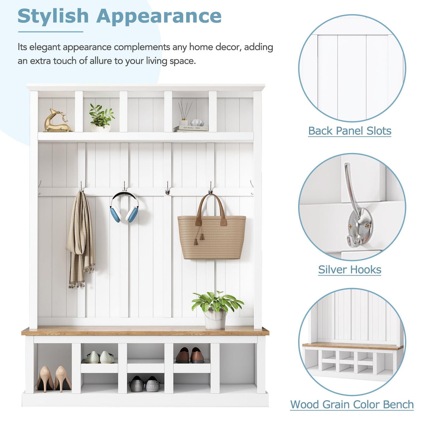 Farmhouse Wood Hall Tree with Bench and Shoe Storage, 5-in-1 Coat Rack with 6 Hooks for Entrance, Hallway White