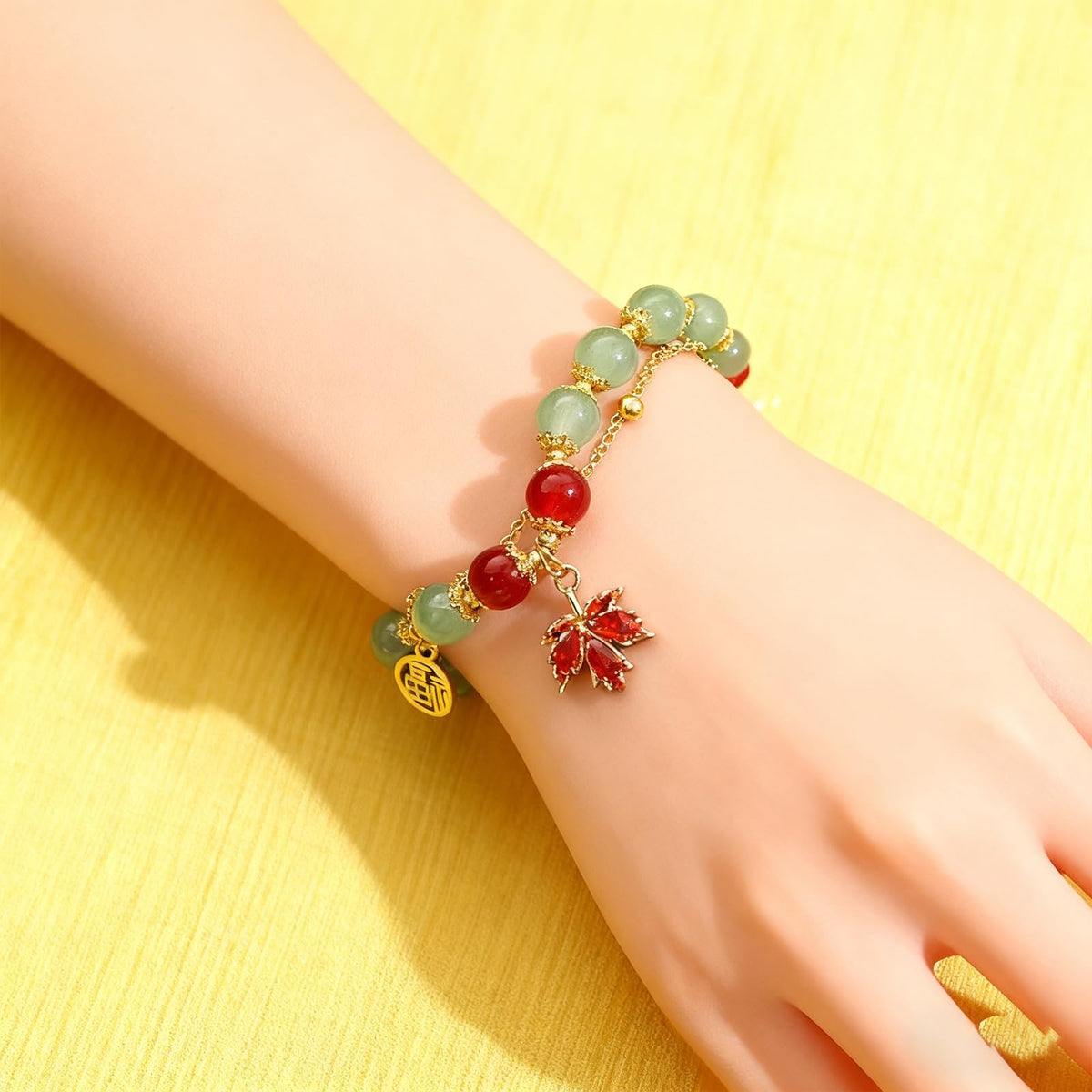 XIAOMOJEW Jade Beaded Bracelets for Women Fall Maple Pendant Bangle Bracelets Chinese Style Bangle Lucky Boho Jewelry (G Maple B)