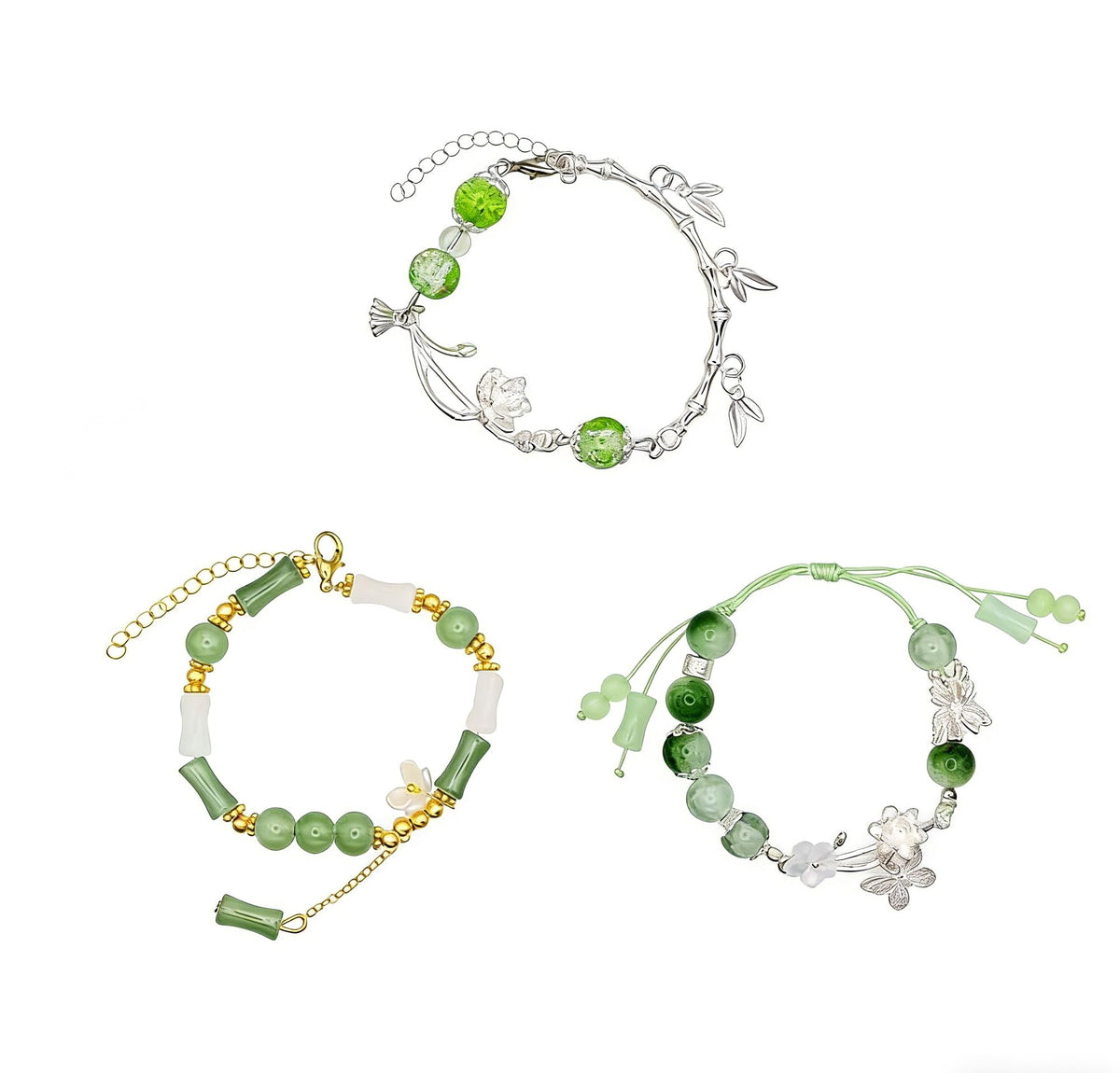Nyx&lvy Women's Elegant Green Jade Beaded Bracelet Set - 3-Piece Exquisite Crystal Lucky Charm Chinese Style Jewelry Collection