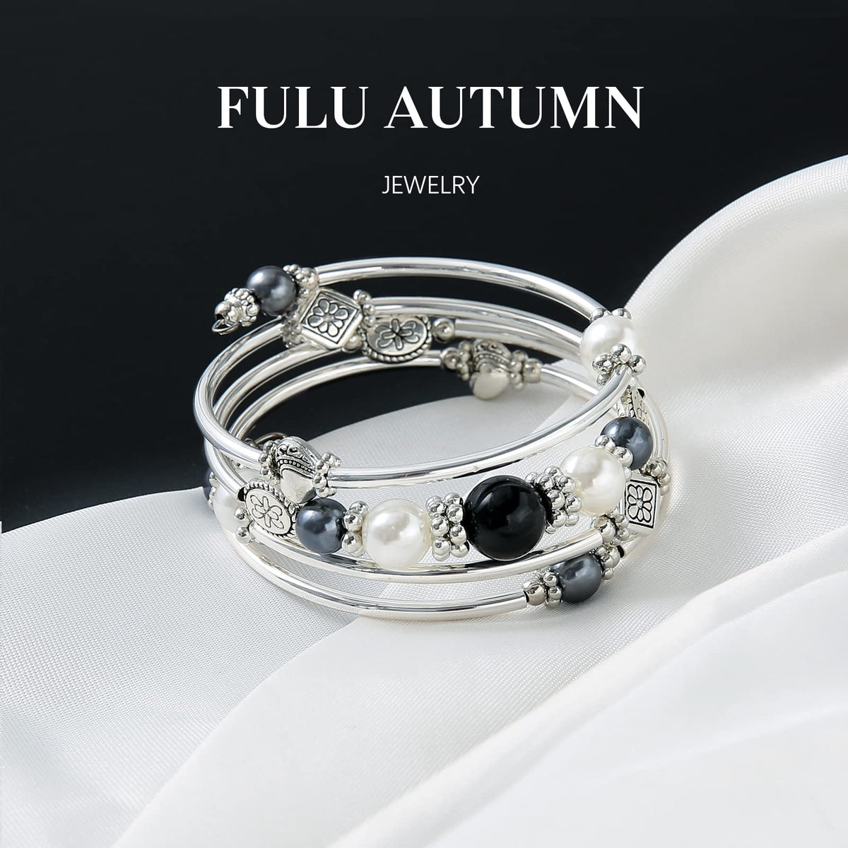 FULU AUTUMN Beaded Pearl Bangle Bracelets for Women Silver Wrap Bangles Bracelet Womens Costume Jewelry Fashion Gift(18-Black)