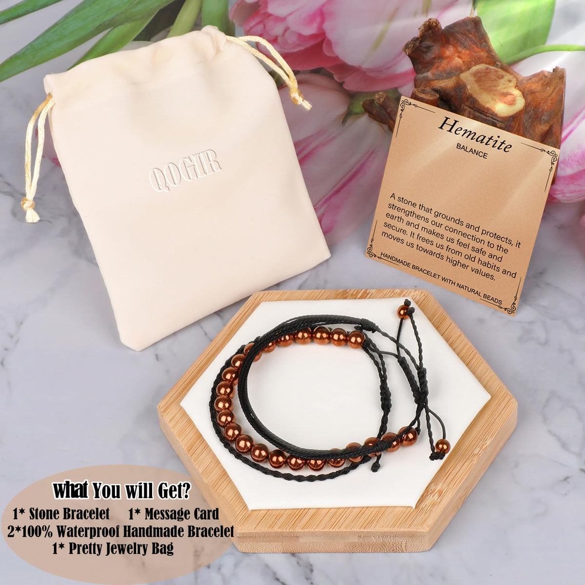 QOGIR Handmade Healing Bracelet,8mm Natural Copper Hematite Gem Stone Beads Bracelet for Men Women Gifts with 2PCS Size Adjustable Rope Bracelets