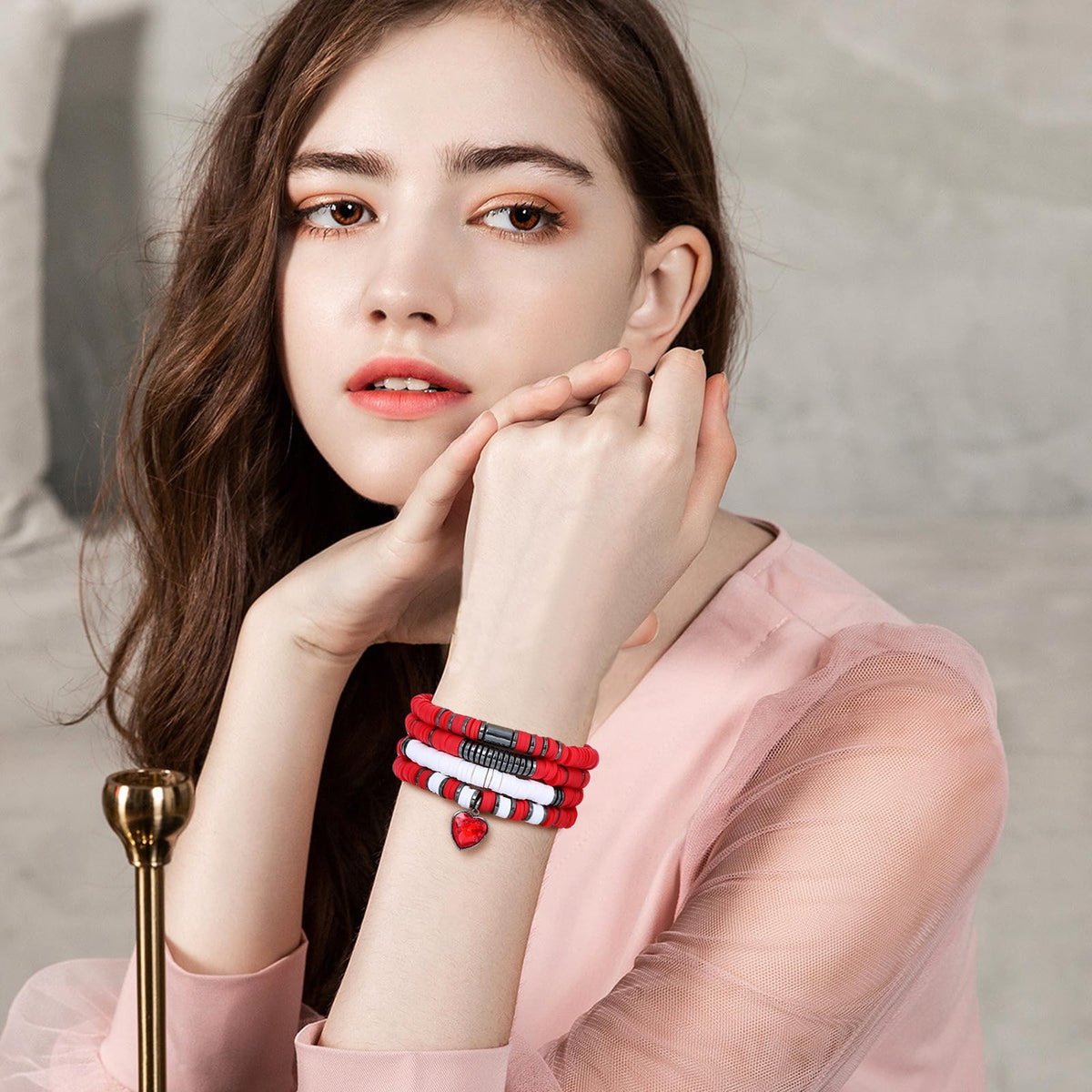 GOOJIDS Red Surfer Heishi Clay Bead Bracelets for Women Bohemian Stackable Gold Beaded Stretch Bracelets Elastic Layering Friendship Bracelets Set Boho Jewelry
