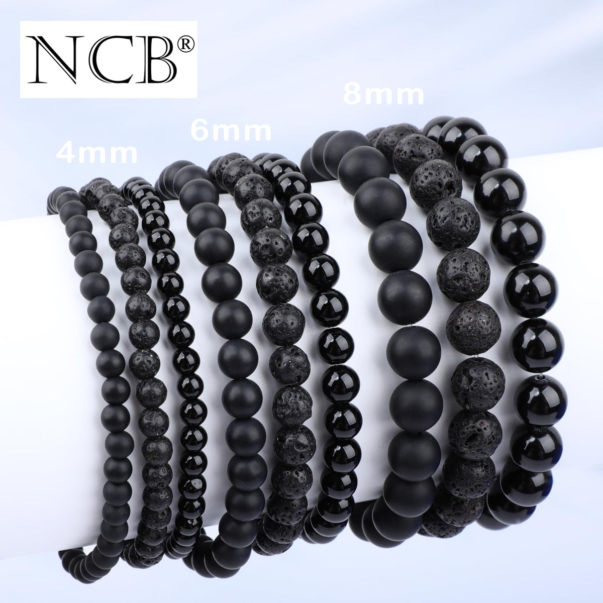 NCB 3-Piece 8mm Natural Crystal Gemstone Stretch Bracelets – ﻿Black Lava, Black Onyx, Matte Black Agate Handmade Reiki Energy Healing Jewelry for Meditation,Yoga, Unisex