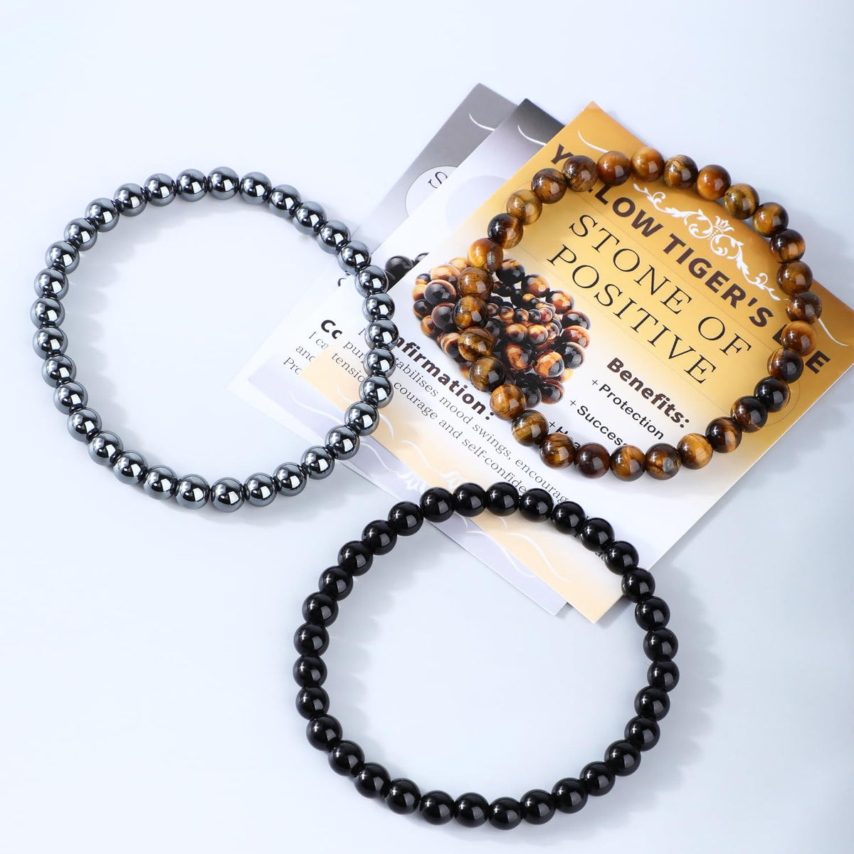 CMBYN 3-Pieces 6mm Natural Crystal Gemstone – ﻿Black Onyx, Hematite, Yellow Tiger's Eye Handmade Reiki Energy Healing Stretch Bracelets Jewelry for Yoga, Meditation, Unisex