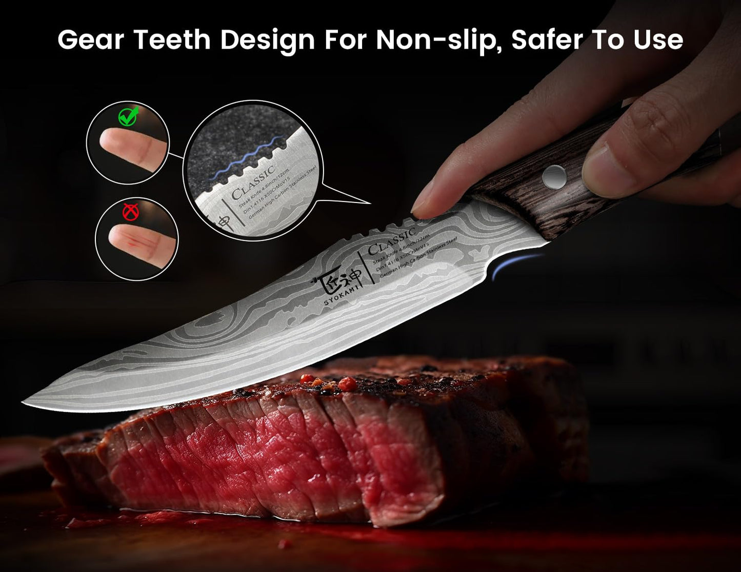 SYOKAMI Steak Knives Set of 6 with Drawer Organizer, 4.8 Inch High Carbon Japanese Style Non Serrated Meat Knife with Wood Handle, Damascus Pattern Full Tang Design, Razor-Sharp Dinner Knives