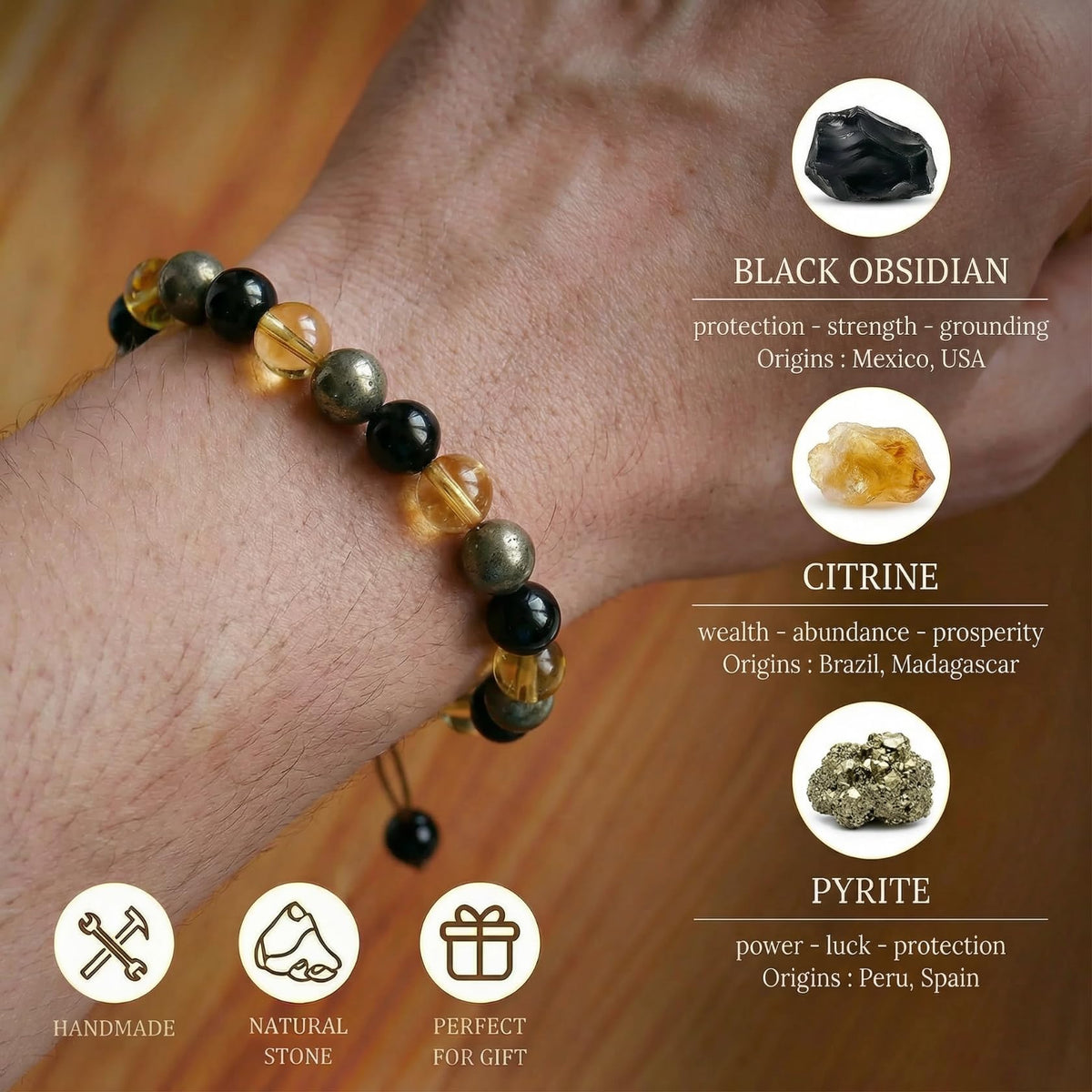 Atminafays Citrine Bracelet for Women & Men | Genuine Crystal Bracelet for Money, Wealth & Success with Pyrite & Obsidian | Adjustable Feng Shui Bracelet