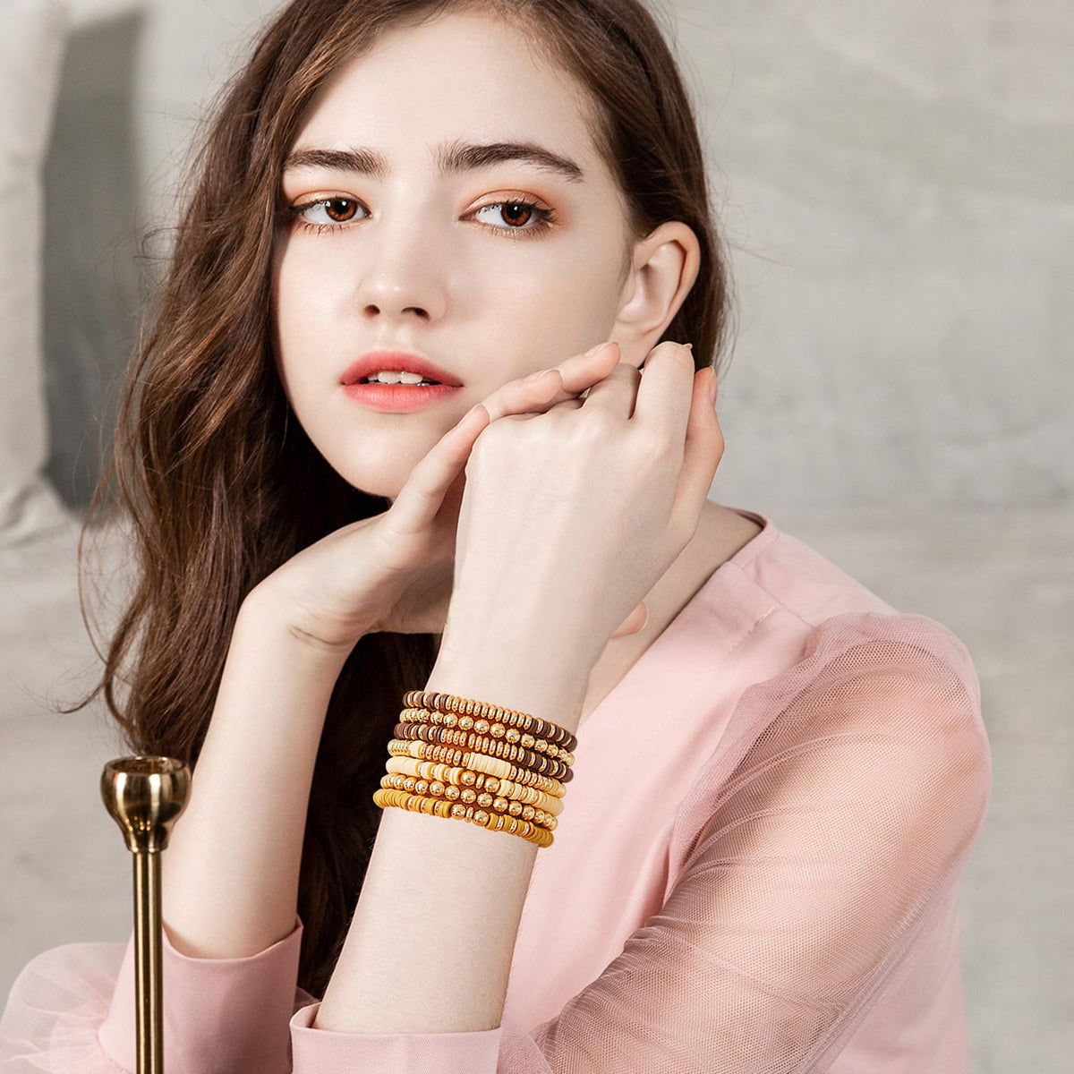 GOOJIDS Surfer Heishi Clay Bead Bracelets for Women Bohemian Stackable Gold Plated Beaded Stretch Bracelets Elastic Layering Friendship Bracelets Set Boho Jewelry
