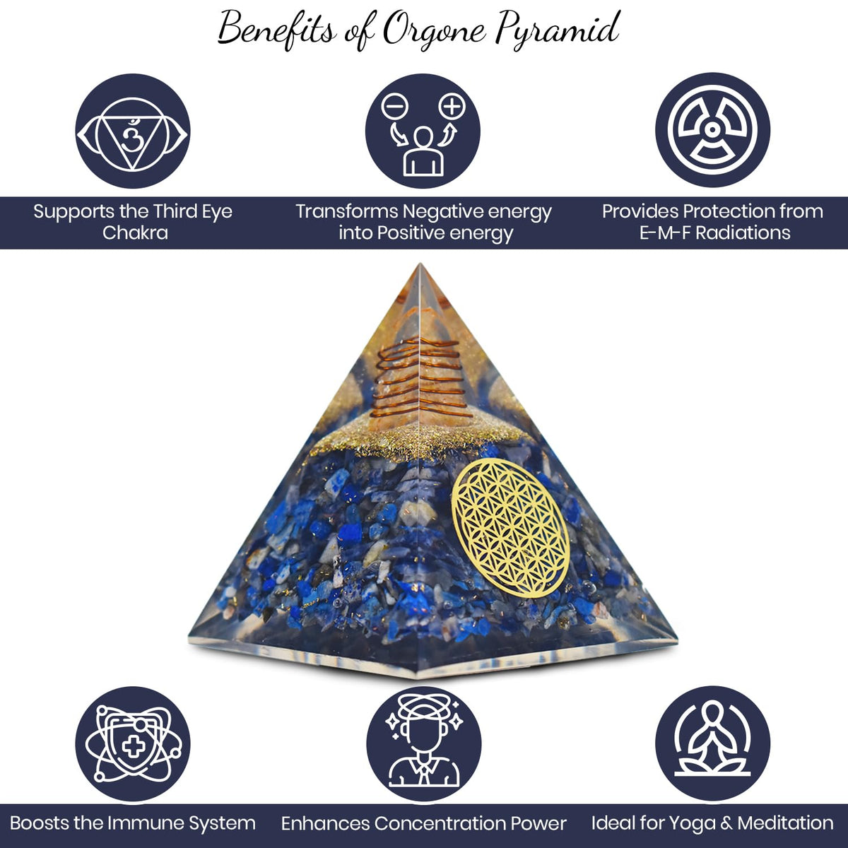 Real Crystal Lapis Lazuli Orgonite Pyramid, Healing Crystal Pyramid, Pyramid Crystal Gemstone Pyramid for Meditation, Motivation, Positivity - Handmade in India