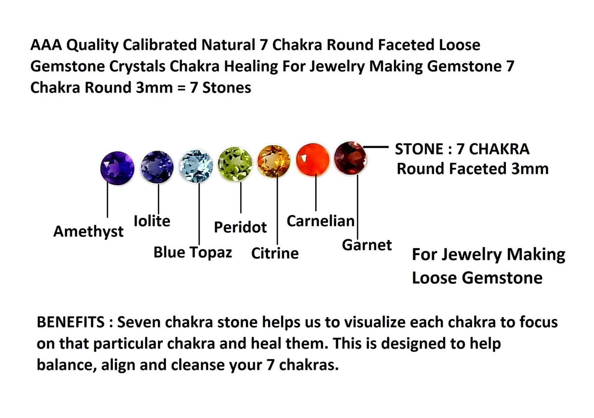 Myhealingworld Natural Amethyst Iolite Blue Topaz Peridot Citrine Carnelian and Garnet 3mm round faceted brilliant cut 7 chakra AAA quality loose calibrated gemstones for jewelry making (BOX 1 - (Round 3mm = 7 Stones)