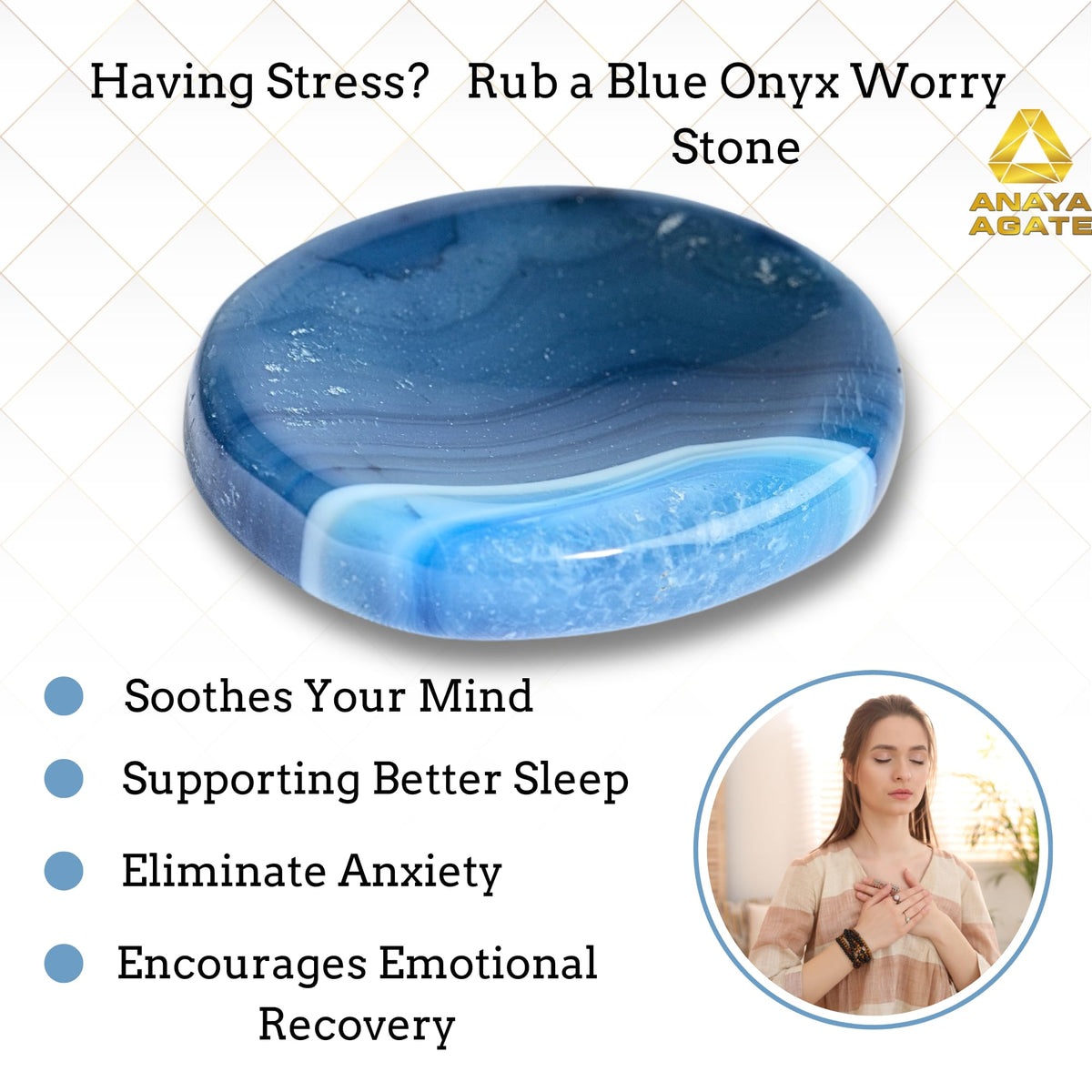 Anaya Agate Blue Onyx Worry Stones Certified Crystal Thumb Worry Stone for Anguish, Relaxing and Soothing Balance Stones for Meditation, Stress Relief Crystals and Healing Stones for Men, Women