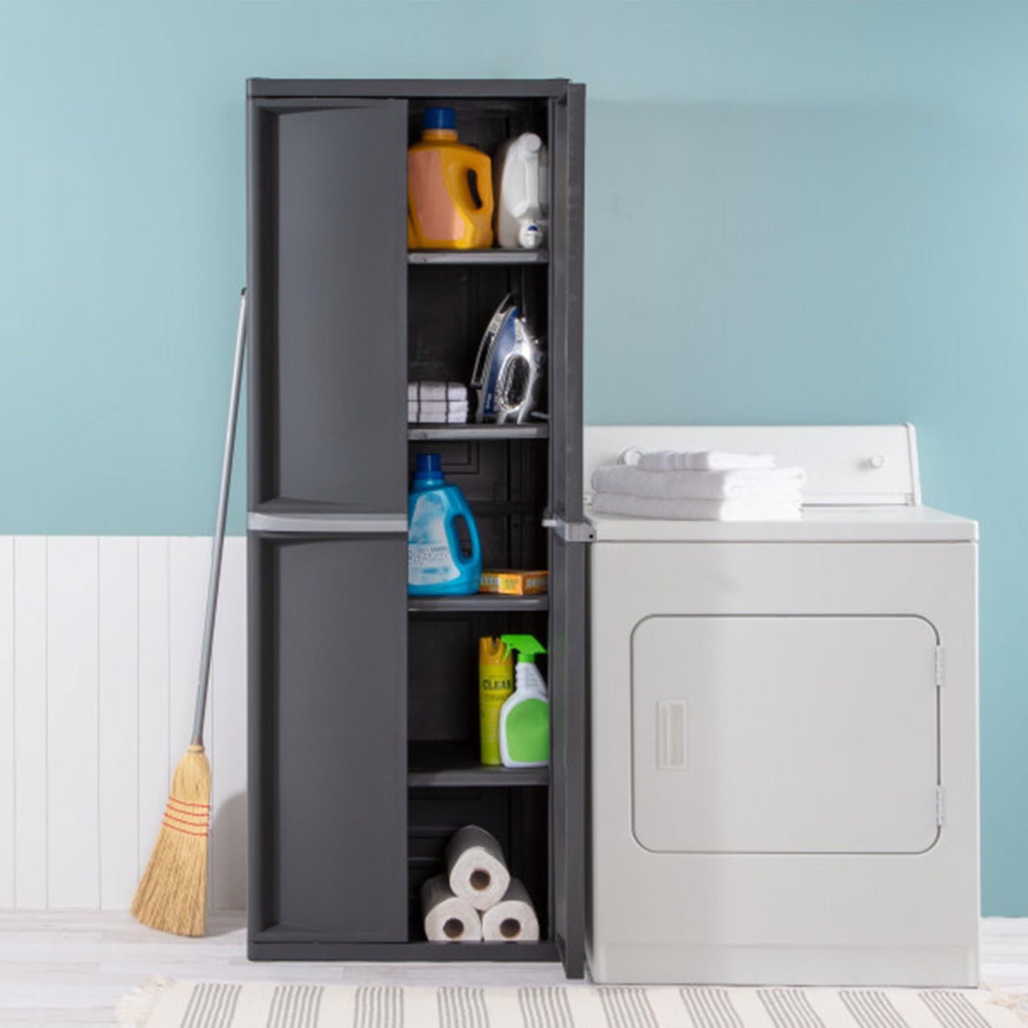 Sterilite 4 & 5 Shelf Plastic Storage Units Bundled with Easy to Assemble Storage Cabinet for Garage, Pantry & Kitchen Organization, 4 Shelves, Gray