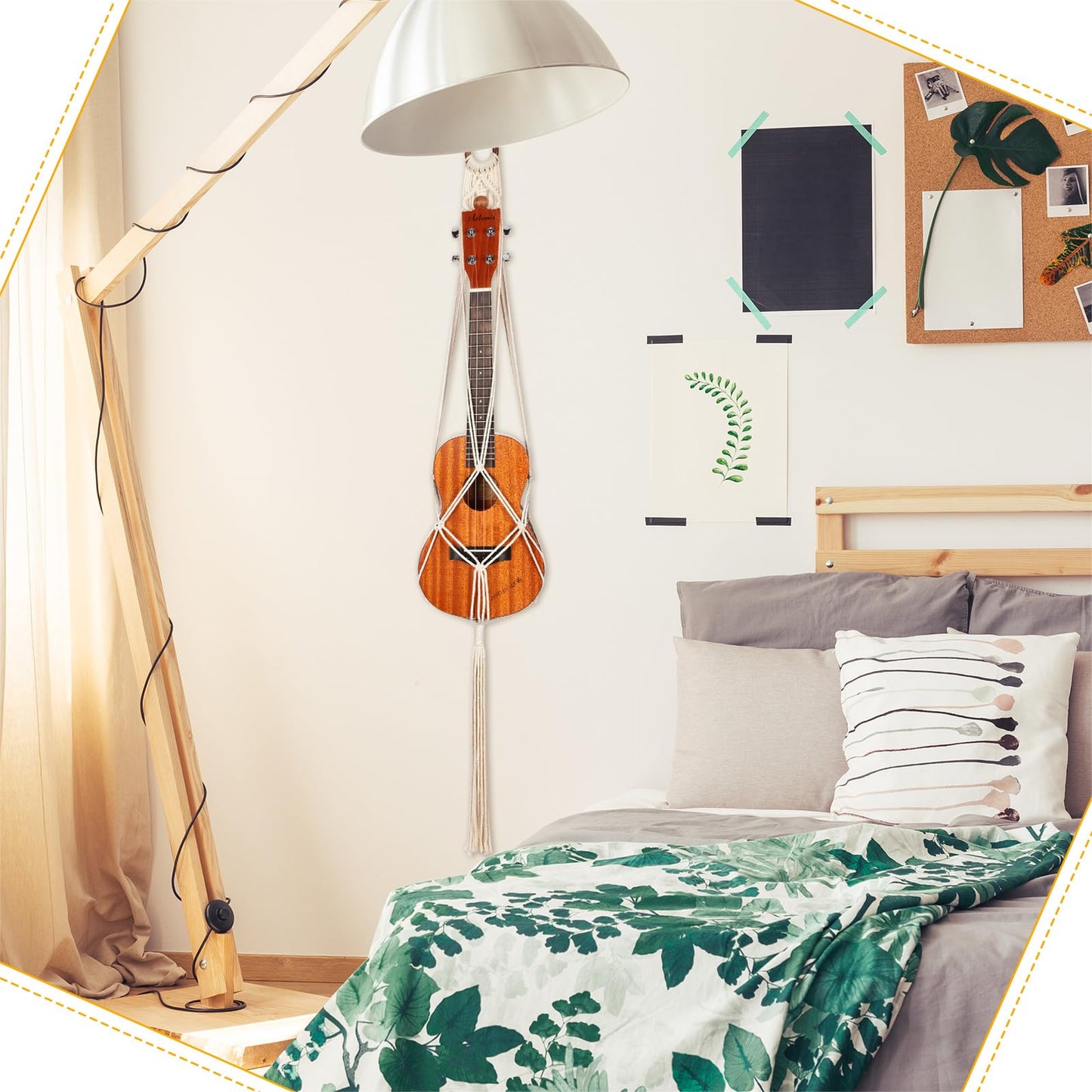 3 Pieces Macrame Ukulele Hanger Wall Mount, 21 to 24 Inches Boho Hanging Stand Holder for Soprano Case, Wall Decor Alternative Kit, Black Ring and Wooden Bead