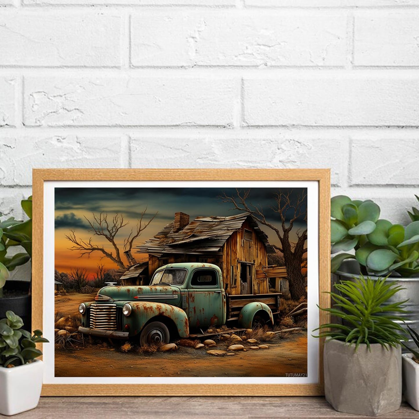 TUTUMAY21 5D Diamond Art Painting Old Rusted Green Truck Car and Wooden House Full Drill Diamond Art Painting by Number Kits for Adults Round Beads Mosaic Cross Stitch for Wall Decoration 12x16 inch