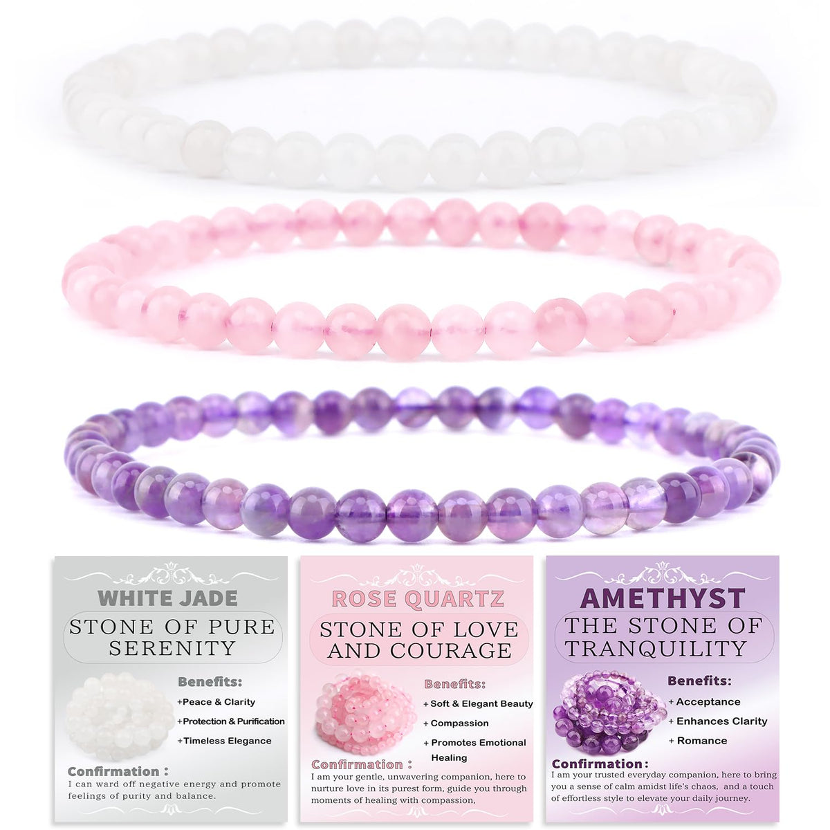 CMBYN 3-Pieces 4mm Natural Crystal Gemstone – ﻿Amethyst, Pink Quartz, White Jade Handmade Reiki Energy Healing Stretch Bracelets Jewelry for Yoga, Meditation, Unisex