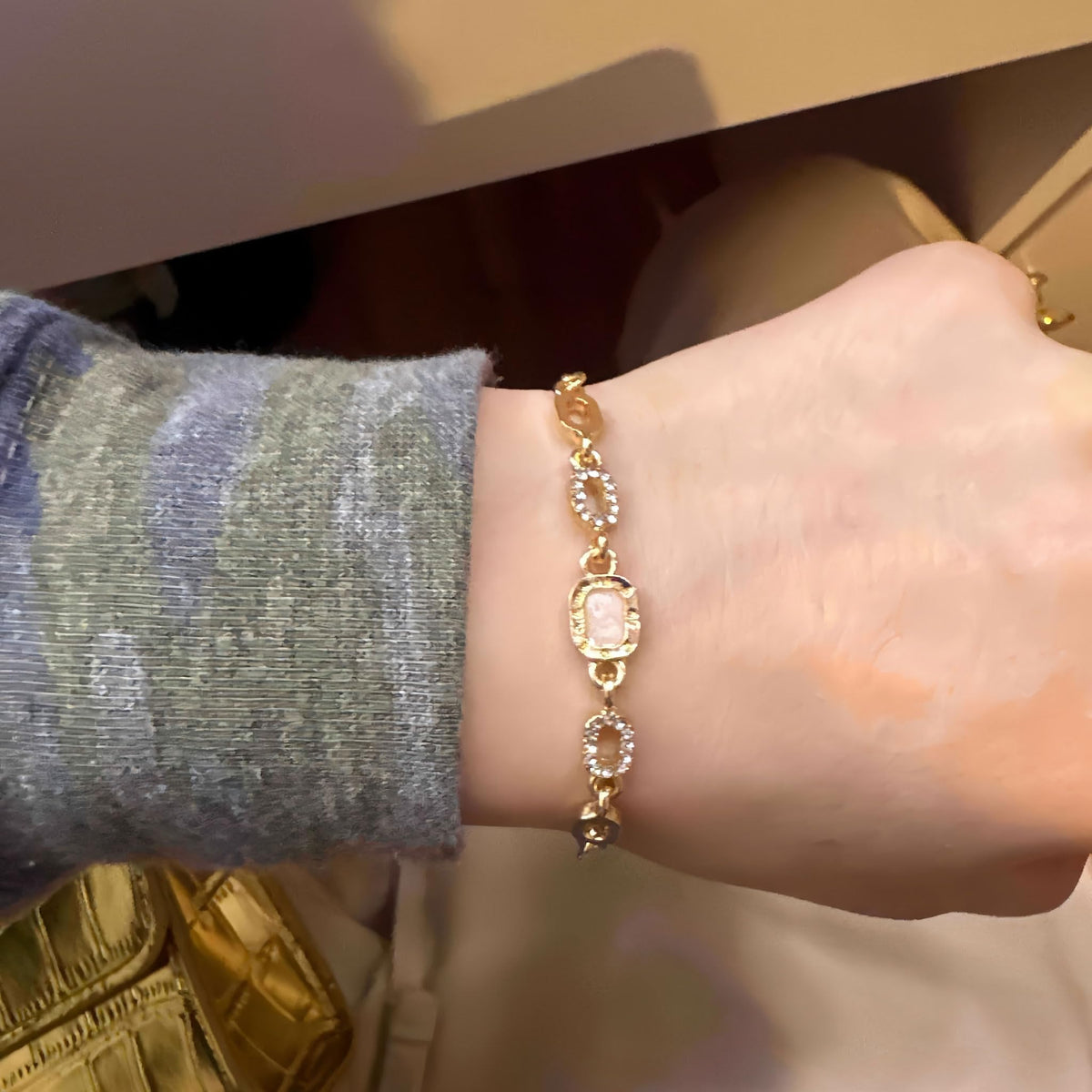 Women's Link Bracelets Dainty Adjustable Bracelets for Women Rhinestone Wedding Jewelry Yellow Gold