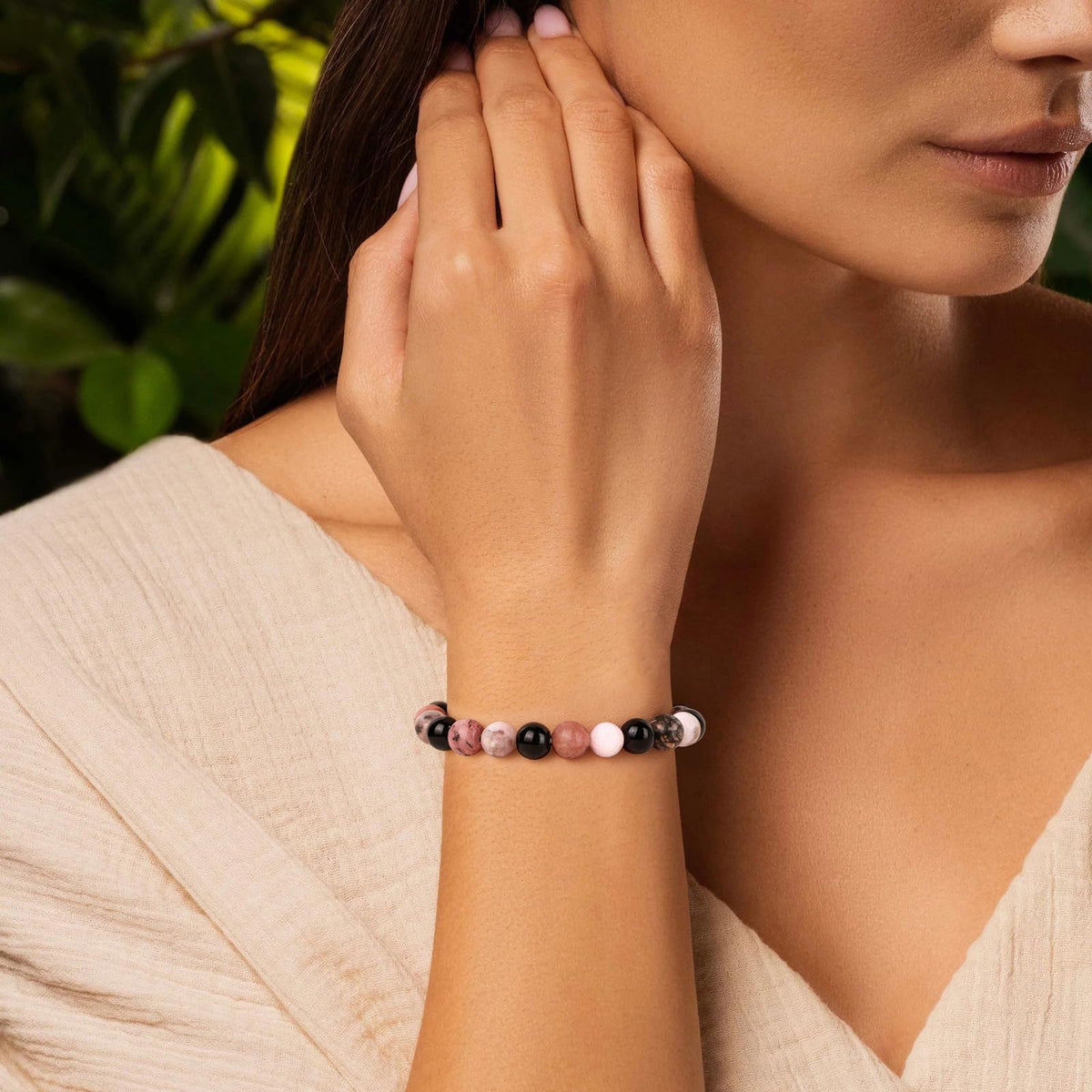 Healing Crystal Bracelet for Women Men 8mm Beaded Black Tourmaline Zebra Stone Rhodochrosite Natural Stone Bracelets Handmade Stretch Emotional Healing Bracelet Beads Spiritual Crystal Jewelry Gifts