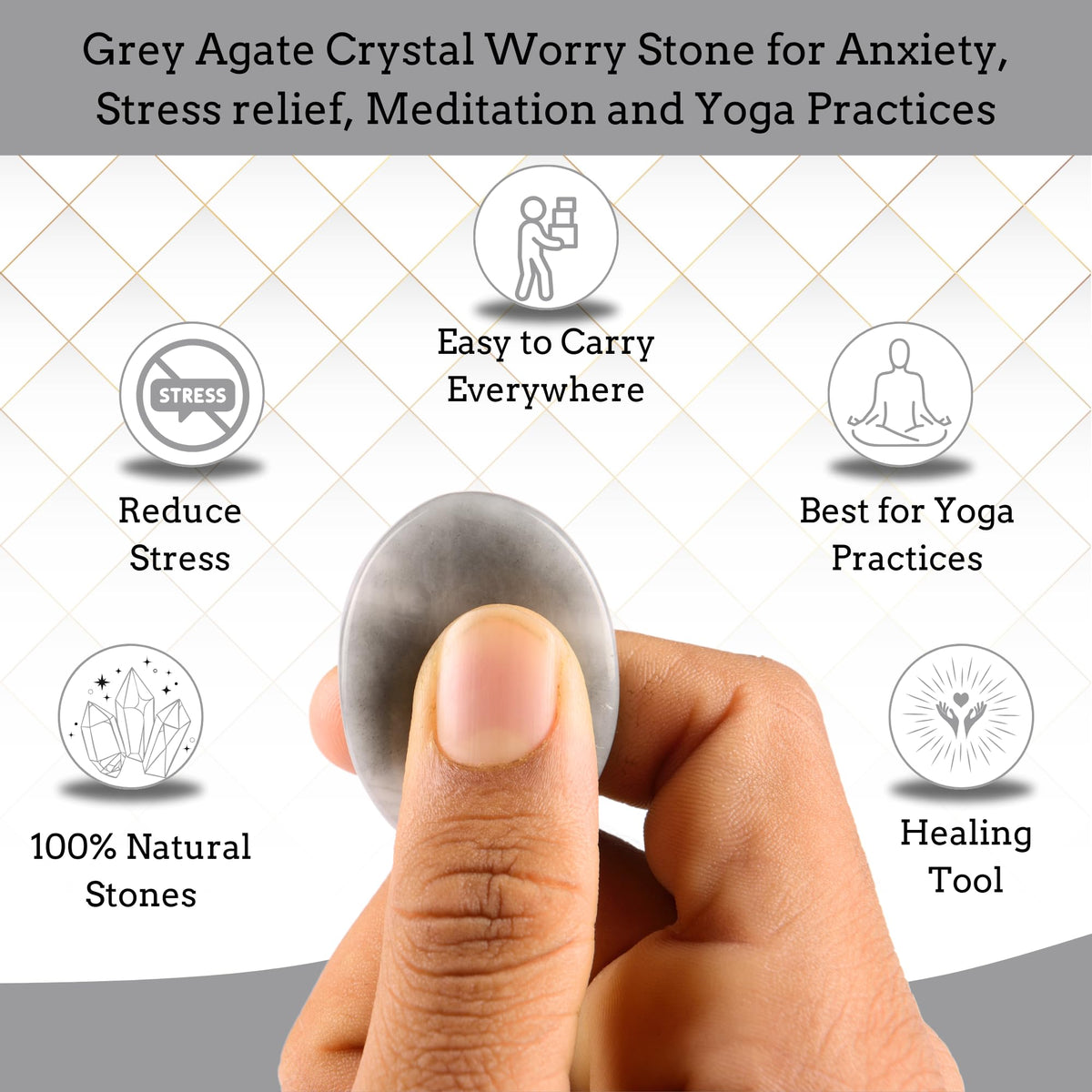 Anaya Agate Gray Agate Worry Stones Certified Crystal Thumb Worry Stone for Anguish, Relaxing and Soothing Balance Stones for Meditation, Stress Relief Crystals and Healing Stones for Men, Women