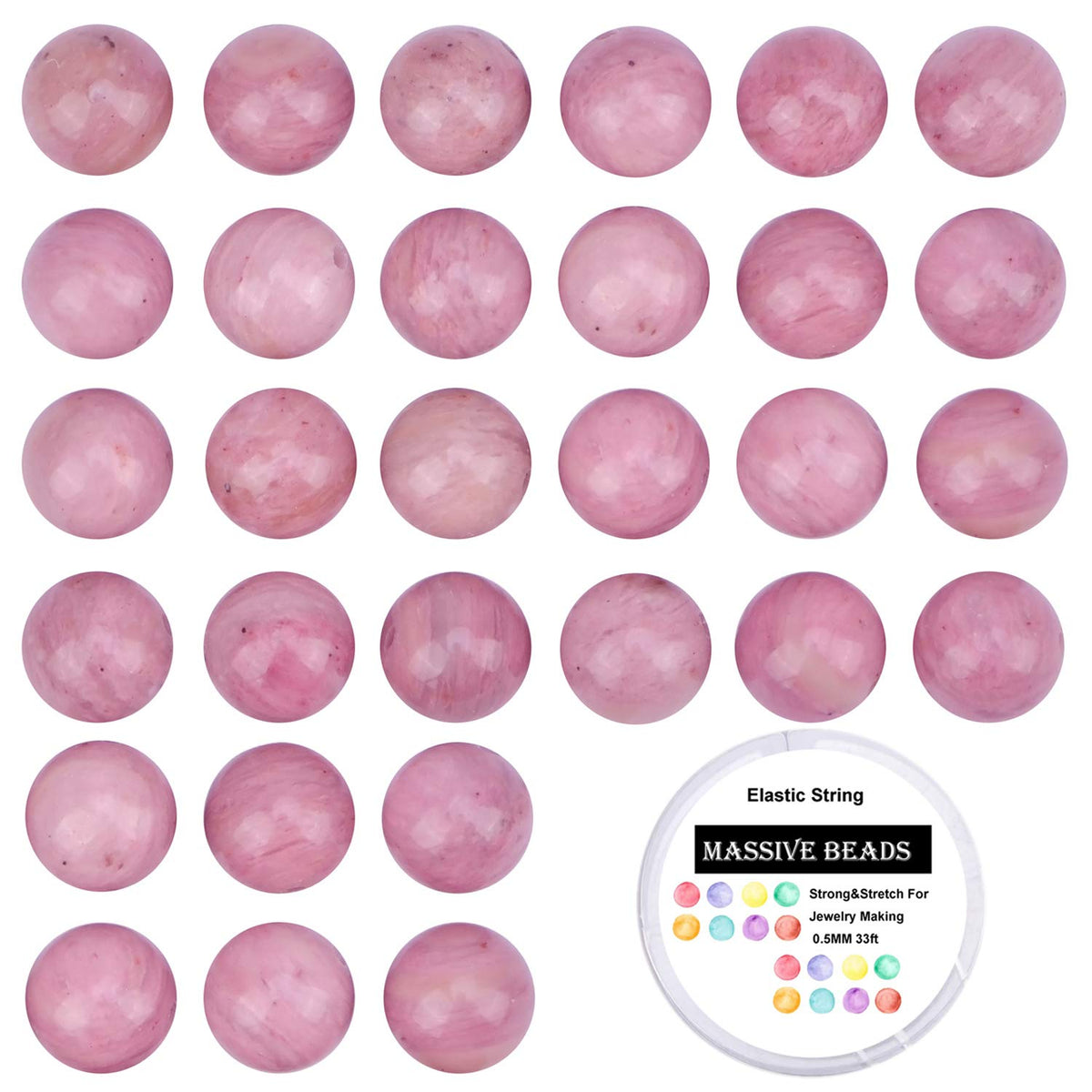100Pcs Natural Crystal Beads Stone Gemstone Round Loose Energy Healing Beads with Free Crystal Stretch Cord for Jewelry Making (Rhodochrosite, 8MM)