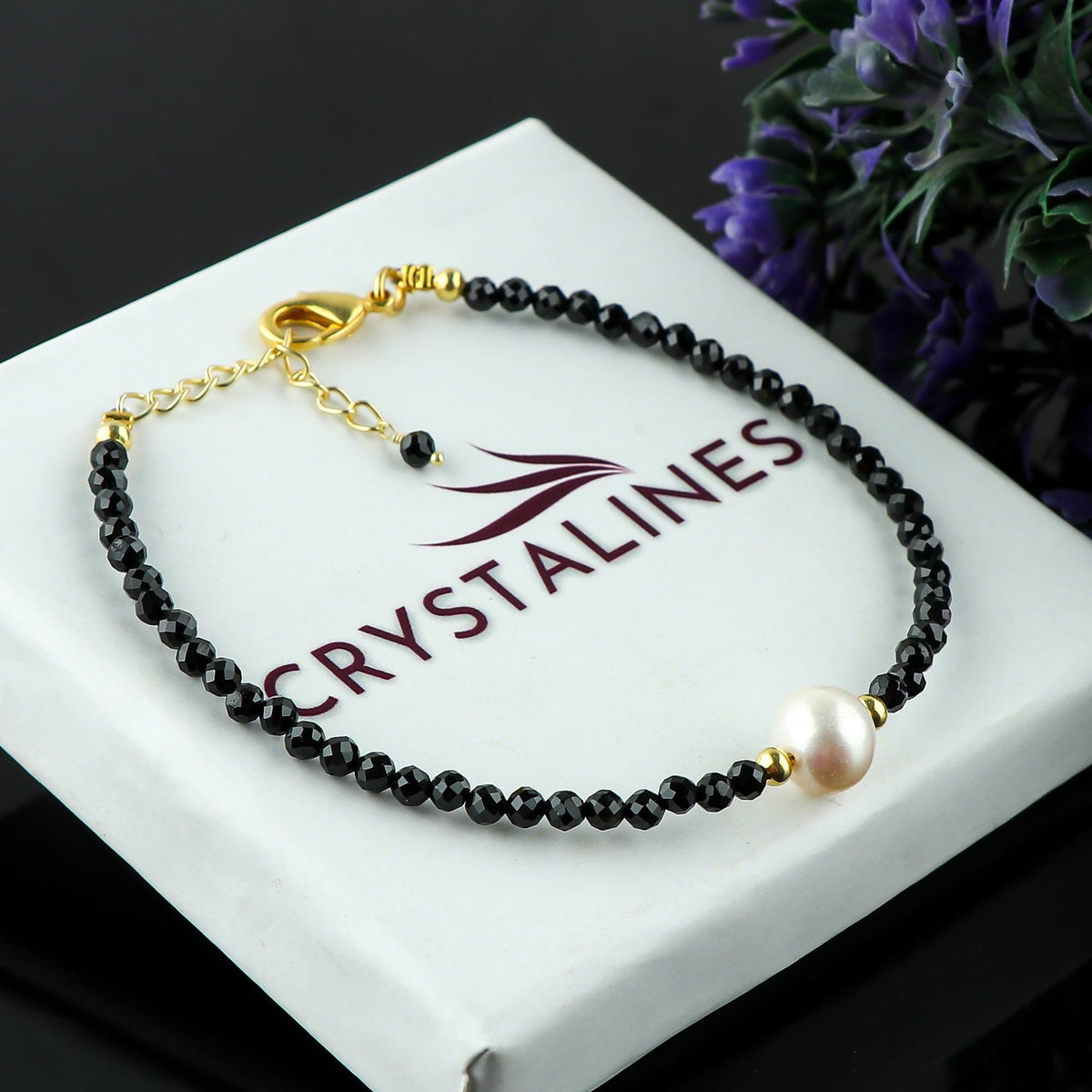 CRYSTALINES Natural Black Tourmaline Gemstone Bracelet, Cultured Pearl Beads Stones, Handmade Hypoallergenic Bohemian Jewelry for Women, Healing Crystals, Adjustable Gold Plated 7+1inch Birthday Gift