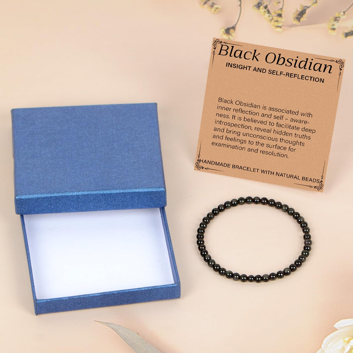 LPBeads Handmade Natural Gemstone Stretch Elastic 4m Black Obsidian Bracelet Healing Crystal Round Stone Beads Jewelry Gifts for Women Men