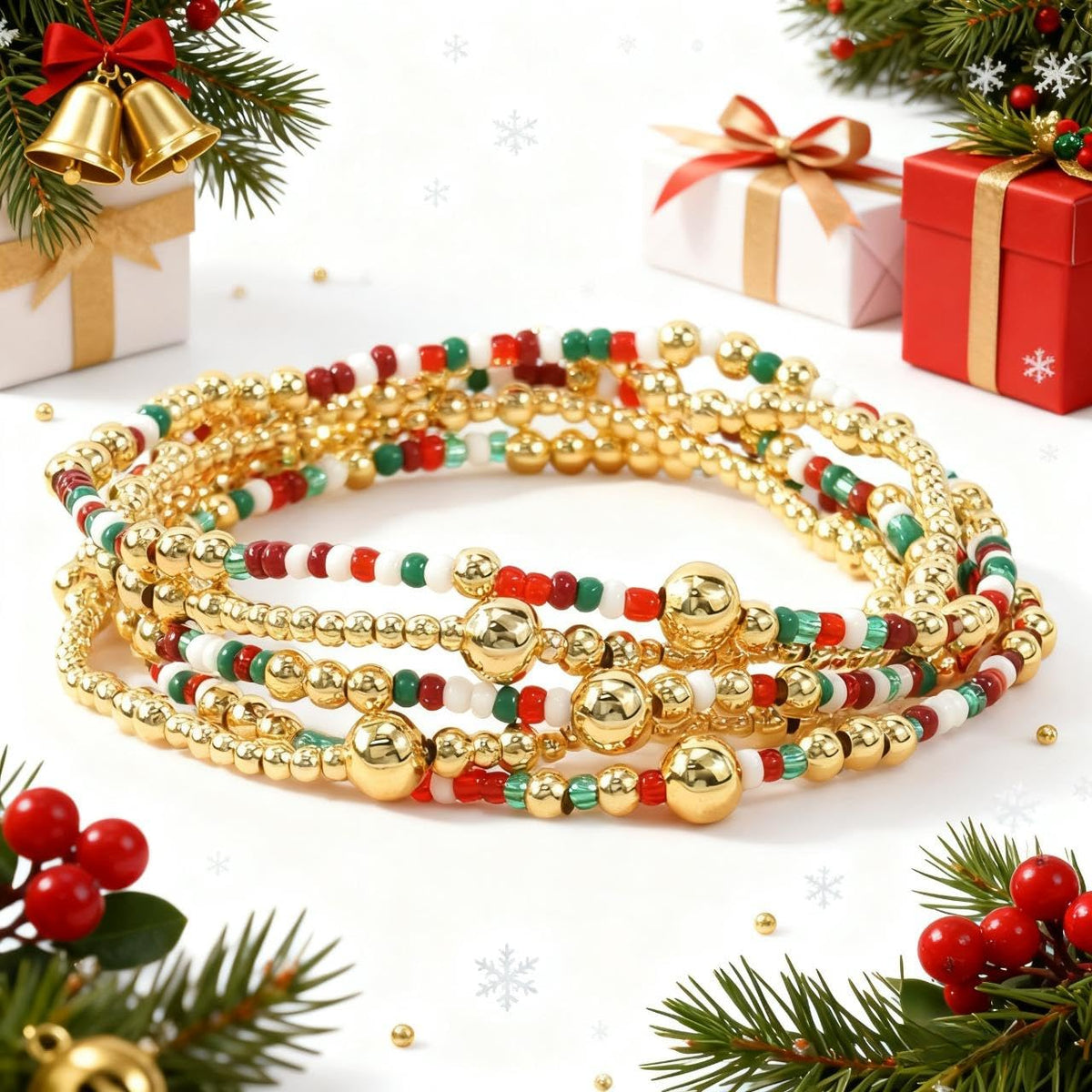 SHINUS BOHO Christmas Gold Beaded Bracelet Stack for Women,Bohemian Red Green White Beads Stackable Bracelets Set Fashion Holiday Party Jewelry Gift Friendship
