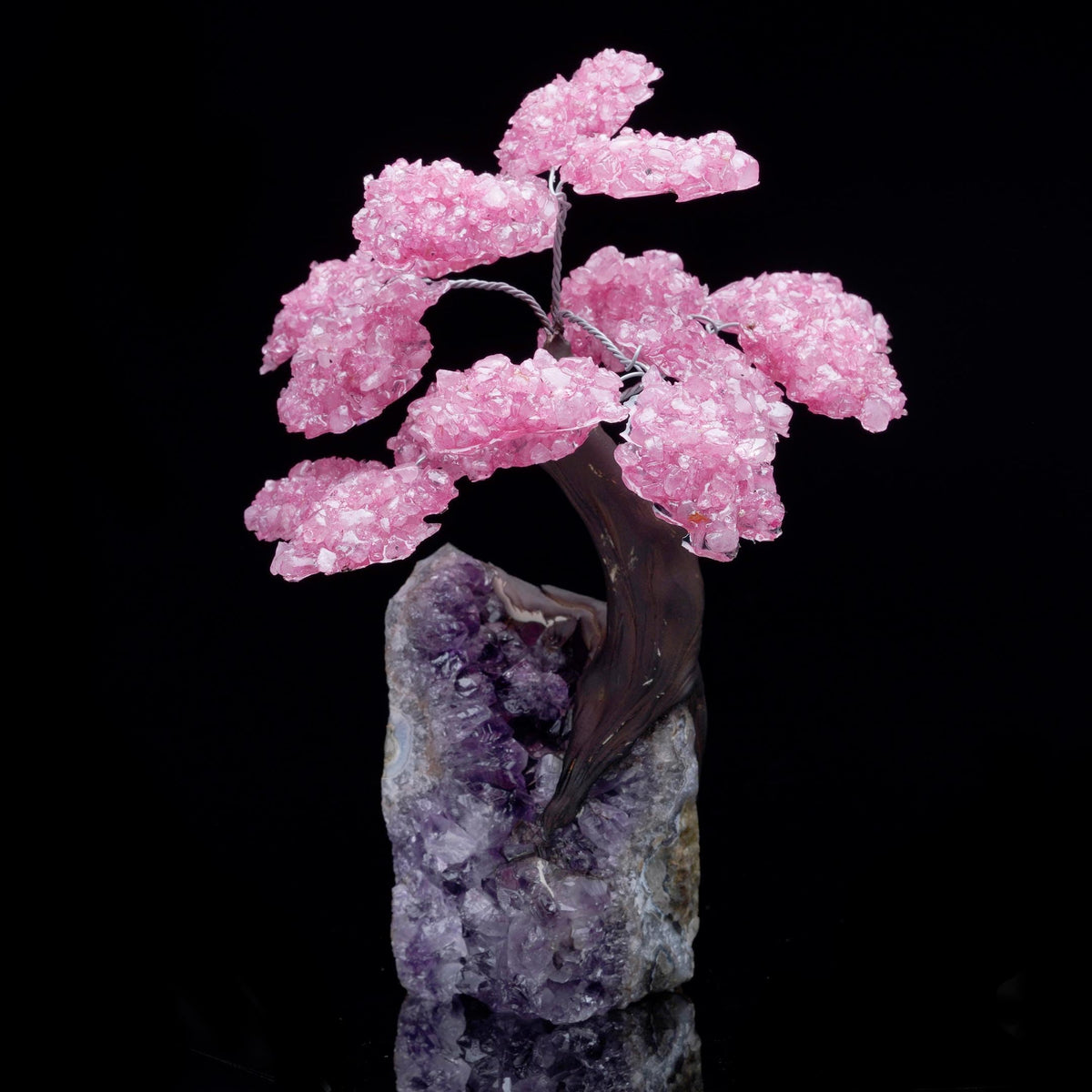 Rose Quartz Gemstone Tree on Amethyst Base, Crystal Tree with Natural Rose Quartz and Amethyst Stone, Decorative Healing Crystal Bonsai Tree