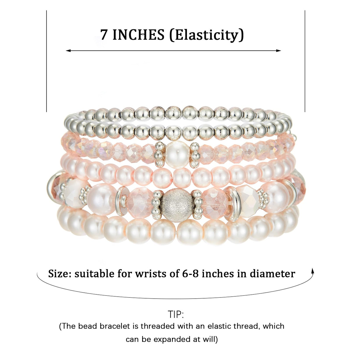 Noessla Beaded Pearl Stretch Bracelet Silver Stackable Crystal Beads Bracelets Trendy Costume Jewelry Mothers Day Gifts for Women(Pink)