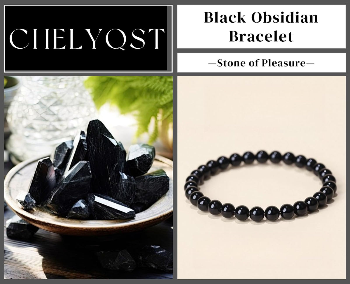 CHELYQST Black Obsidian Bracelet - Stone of Pleasure,Stretch Natural Stone Crystal Beads Jewelry Gifts for Women Men Unisex Adult,6mm