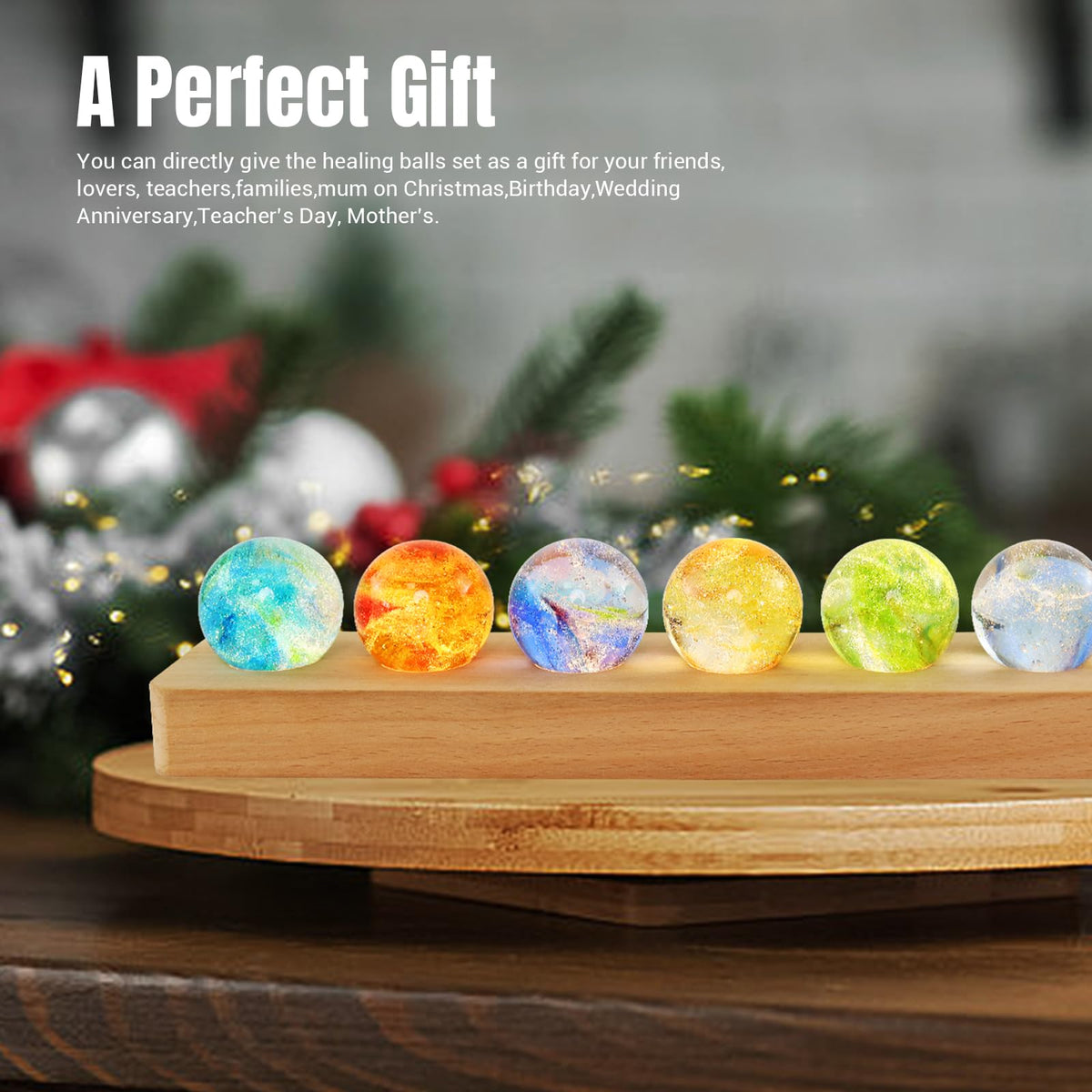 LOSCHEN 7 Chakra Natural Healing Spheres with LED Wooden Stand 40mm Crystal Quartz Stones for Meditation Energy Balancing Decor, Yoga Zen Home Office Desk Ornament