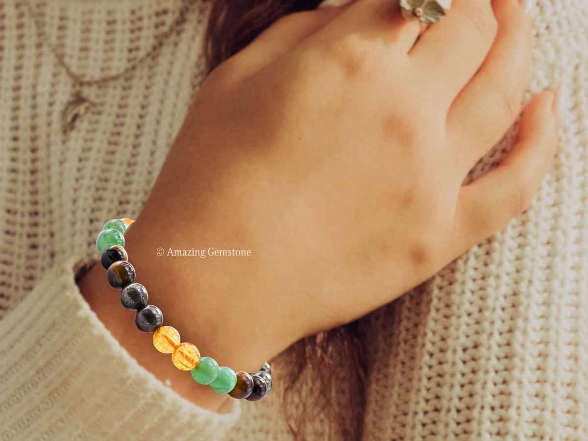 Amazing Gemstone Money Success Pyrite Bracelet - Citrine Quartz, Green Aventurine, Tiger Eye Protection Healing Crystal Bracelet - Gemstone Beaded Stretchable Bracelet Pulseras Para Hombres Mujer