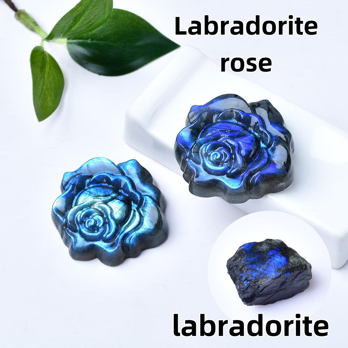WUYOUSHI Natural Labradorite Crystal Rose Statue 1.37" Carved Healing Crystal Gemstone Carving Stone Valentine's Day Decoration Reiki Energy Meditation Healing Home Ornament DIY