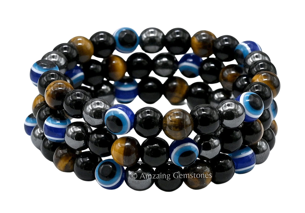 Amazing Gemstone Ultimate Triple Protection Bracelets for Men Women, Evil Eye Bracelet for Protection, Tiger Eye Bracelet, Hematite, Black Obsidian Mens Bracelet, Bad Energy Protection