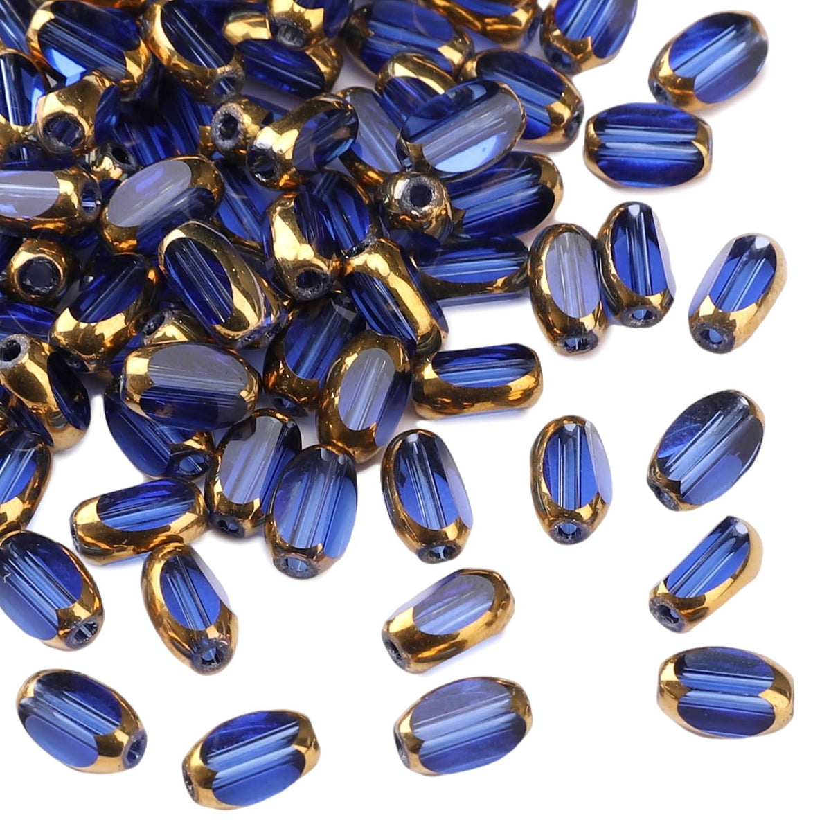 DADIFEN Glass Rice Beads Clear Royal Blue 4x6mm 50pcs Faceted Oval Golden Edge Crystal Loose Beads for DIY Craft Jewelry Making