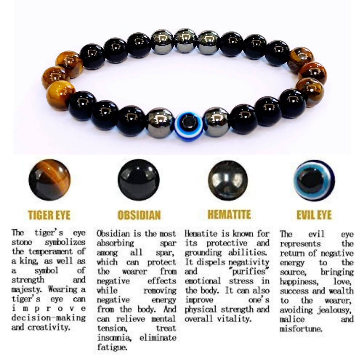 WEFRIN Evil Eye with Hematite Black Obsidian Tiger Eye Stone Triple Protection Bracelets for Men Women, Crystal Stone Bracelet Bring Luck Prosperity and Happiness Jewelry