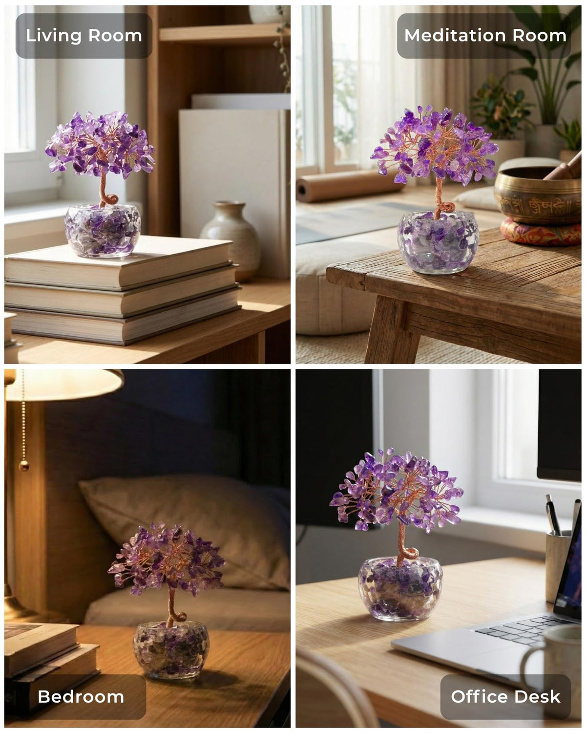 VELNORIX Amethyst Crystal Tree of Life - Natural Gemstone Feng Shui Bonsai - Healing Crystals Decor for Home Office, Meditation, Peace & Wisdom - Spiritual Gifts for Women (Purple)