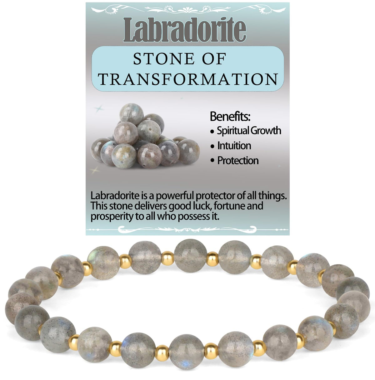 QOGIR Labradorite - Stone of Transformation - 14K Gold Plated Beads Natural Gemstone Stretch Elastic Dainty Healing Beaded Bracelets Gifts 6mm