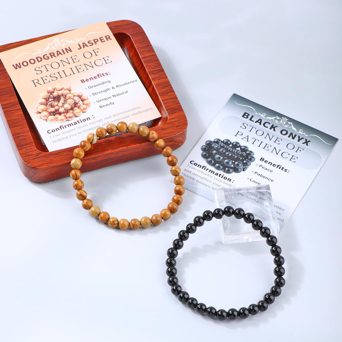 NCB 2-Piece 6mm Natural Crystal Gemstone Stretch Bracelets – ﻿Black Onyx, Woodgrain Jasper Handmade Reiki Energy Healing Jewelry for Meditation,Yoga, Unisex
