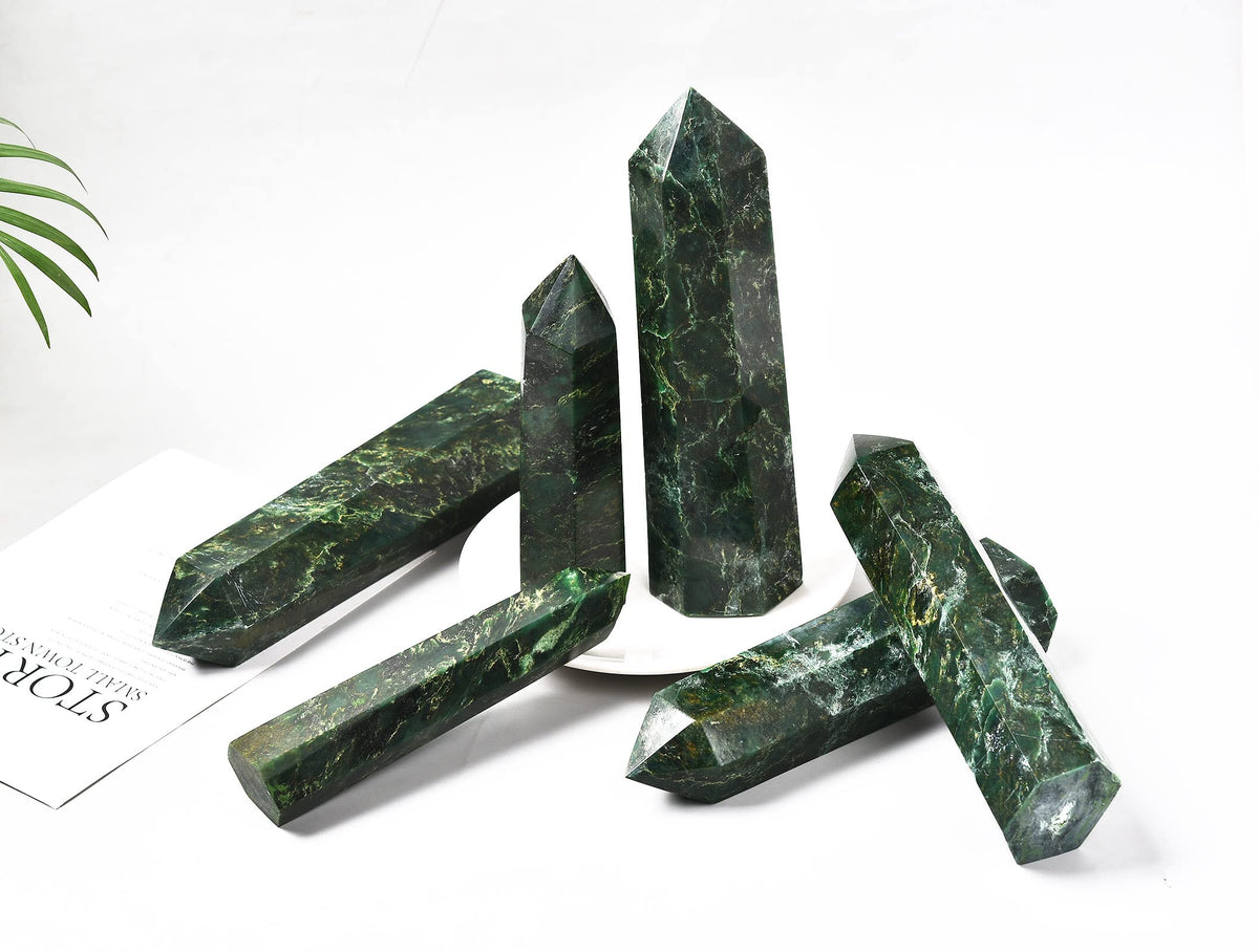AMOYSTONE Large Crystal Obelisk Emerald Quartz Tower Green Healing Crystal Wand Point 6 Faceted Reiki Meditation Stone 2.2-2.6 LBS