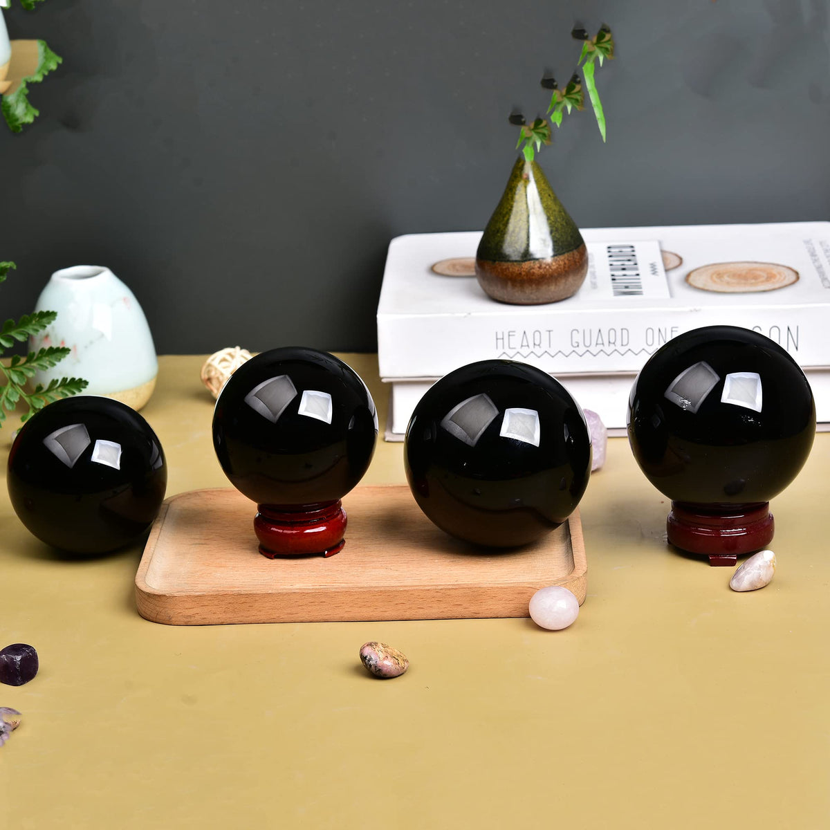 JIC Gem Small Black Crystal Ball - Obsidian Sphere with Wooden Stand for Feng Shui Healing, Meditation (70-80mm)