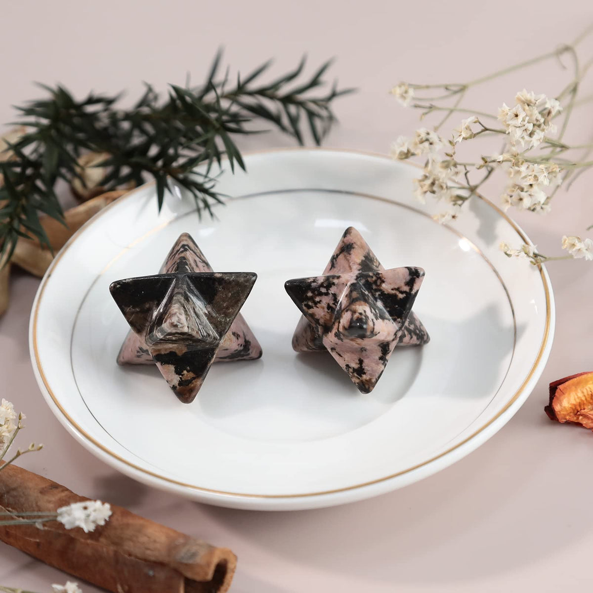 Loveliome Natural Rhodonite Merkaba Crystal Protection Sacred Meditation Energy Generator Healing Chakra Six-Pointed Star 1 Inch