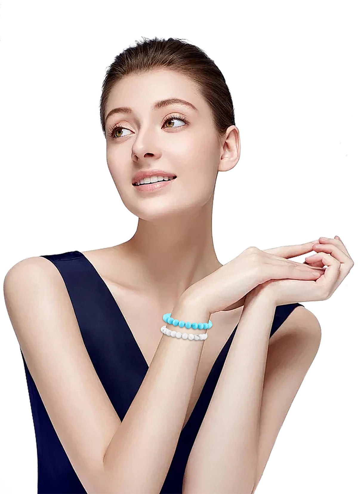 NCB 2-Piece 8mm Natural Crystal Gemstone Stretch Bracelets – ﻿Blue Turquoise, Howlite Handmade Reiki Energy Healing Jewelry for Meditation,Yoga, Unisex