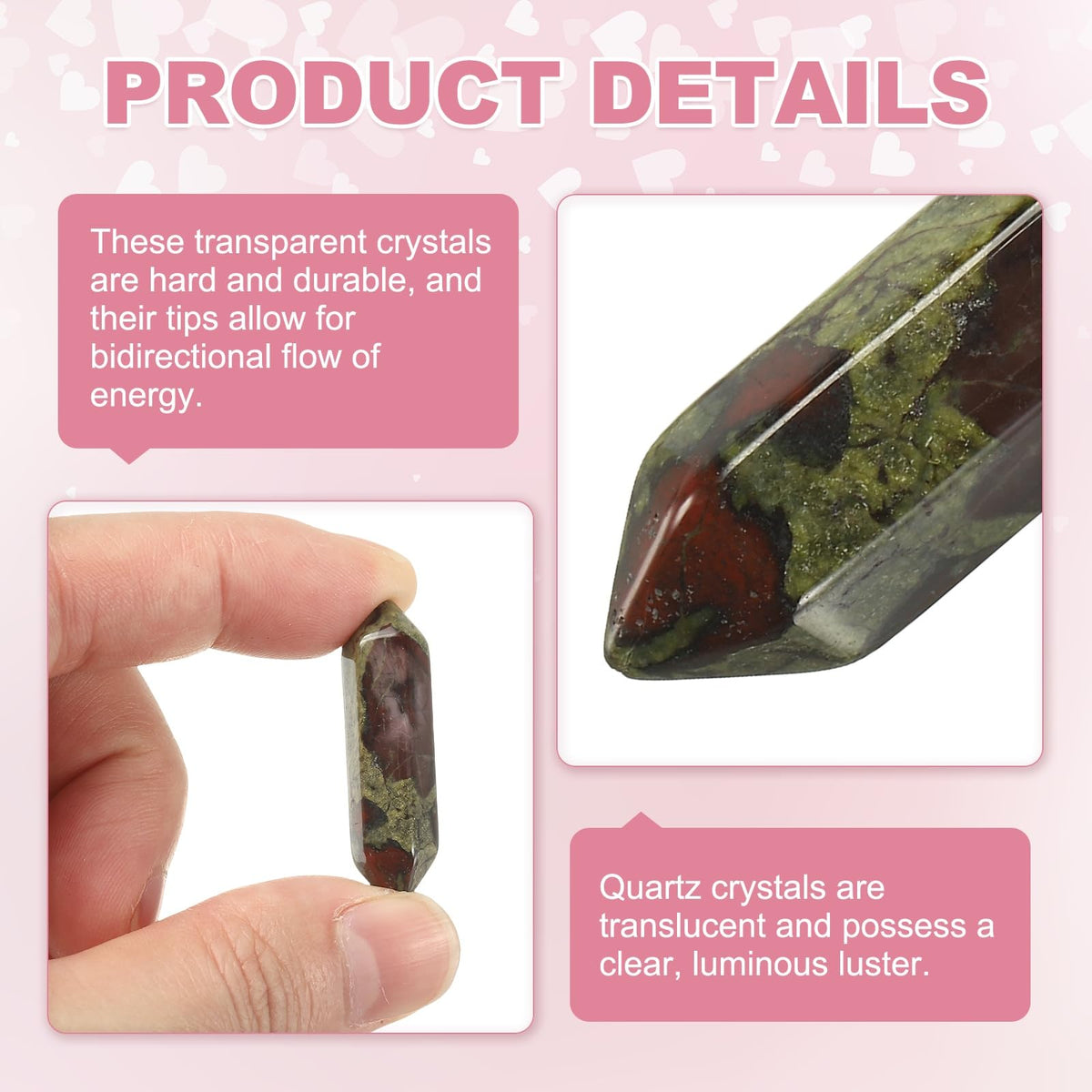 MECCANIXITY 10 Pack Dragon Bloodstone Quartz Crystals, Polished Crystals Bulk Hexagonal Shaped Meditation Gemstone for Jewelry Making Energy Balance Accessories Gifts