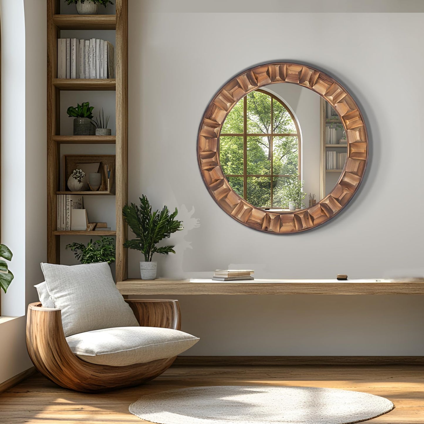 XGGJWW 30 Inch Dark Solid Wood Round Wall Mirror, Brown Wooden Decorative Circle Mirror for Bathroom, Bedroom, Living Room, Entryway, Hallway, or Foyer