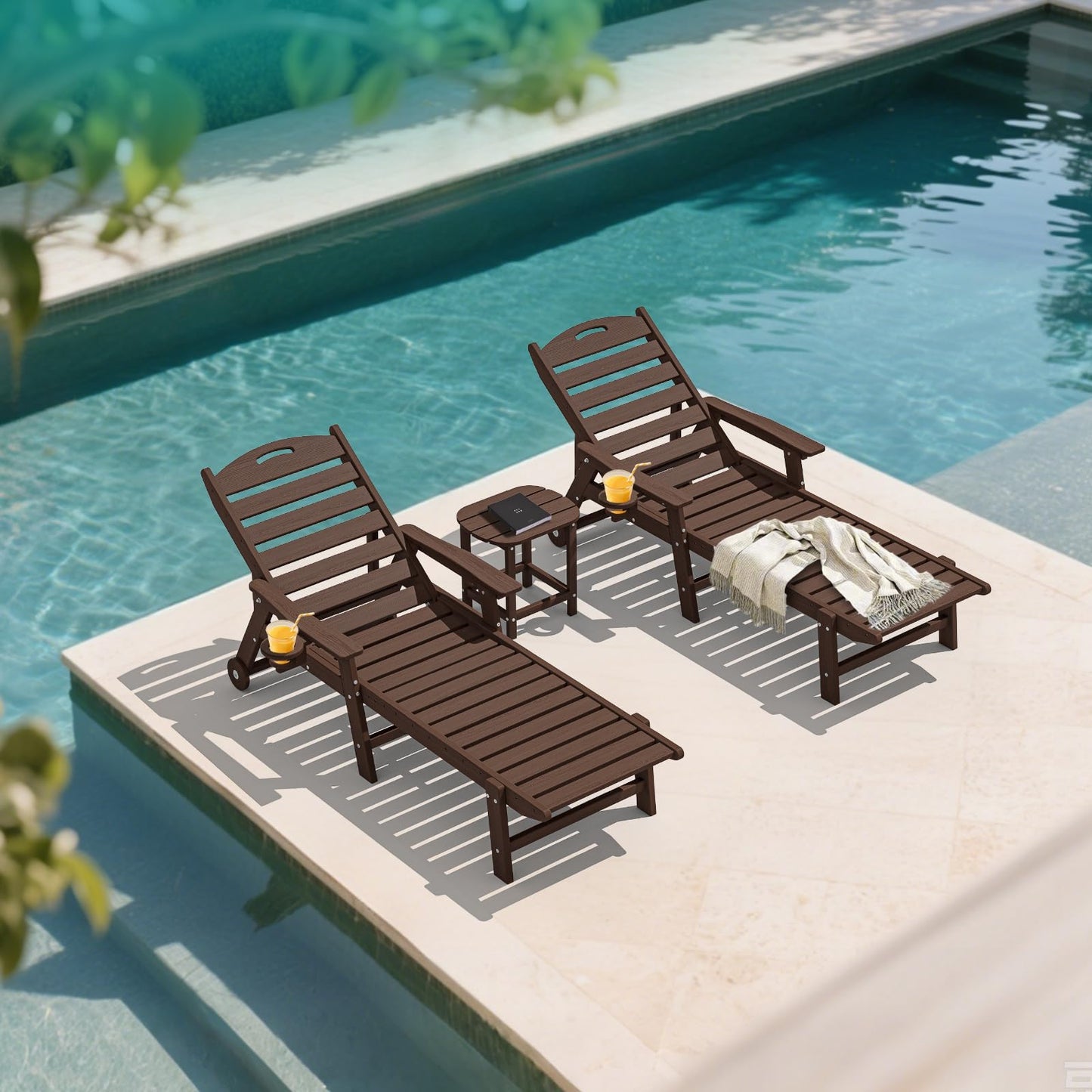 Plawdlik Oversized Patio Chaise Lounge Set of 2, 5 Positions Adjustable HDPE Outdoor Lounge Chair with Rolling Wheels & Cup Holder,All-Weather for Poolside, Beach, Garden - Coffee