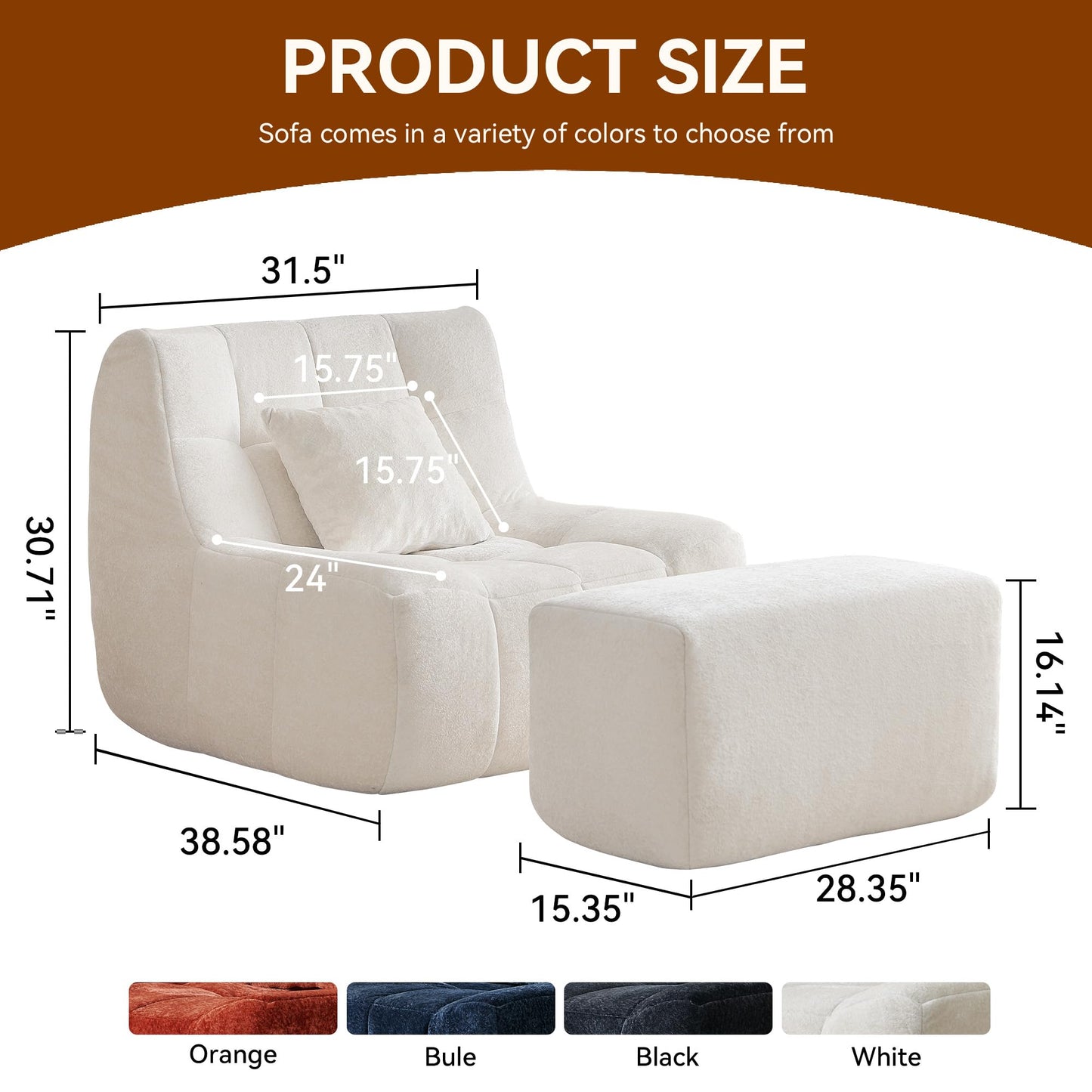 Bean Bag Chair With Footrest,Integrated Sponge Lounge Chair,Comfortable Bean Bag Sofa with Backrest, Faux FurBeanBagChair forAdultsandKids, Ideal for Bedrooms,Living Rooms,and Apartments(White)