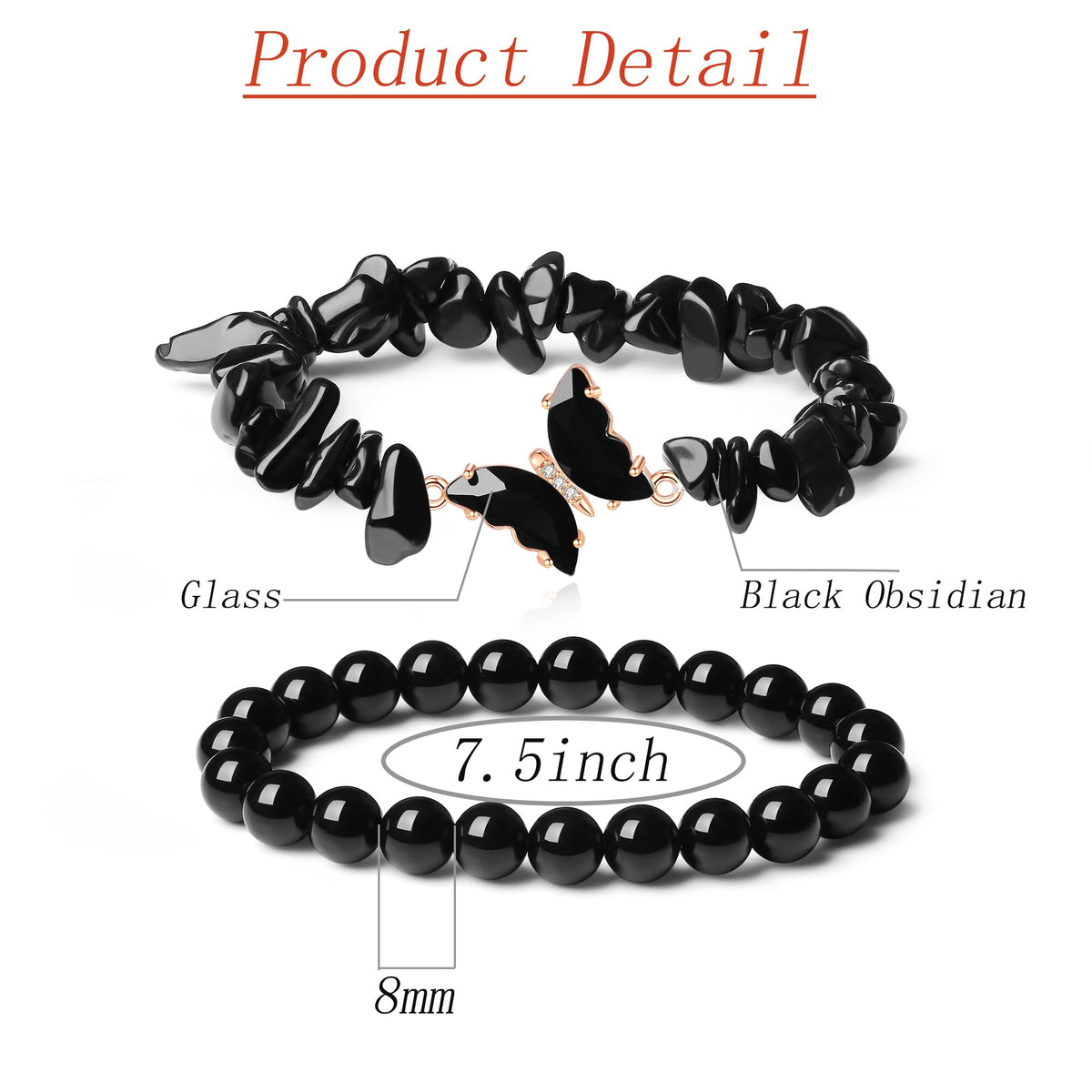 DUQGUHO 2Pcs Black Butterfly Bracelets for Women Obsidian Bracelets Gifts for Women Healing Crystal Bracelet Natural Gemstone Stretchable Jewelry 8mm Black Crystal Beaded Bracelet Gift for Birthday