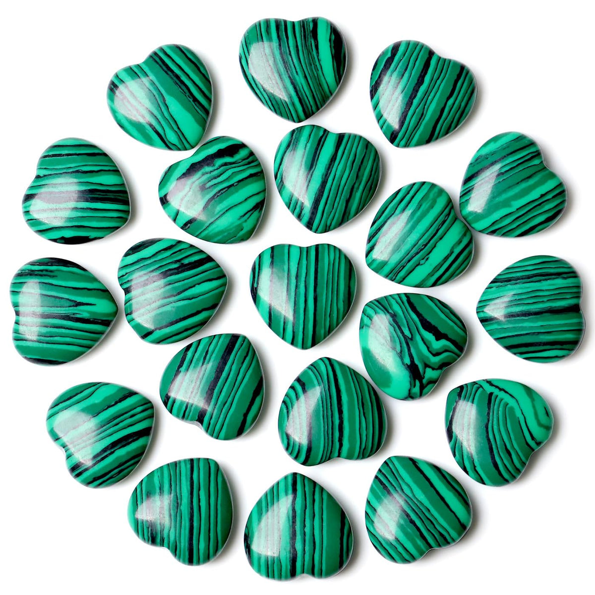 NUKAYAI 20PCS Malachite Healing Crystals Set Stones Love Heart Shaped Polished Green Crystal Natural Cute Pocket Thumb Reiki Wholesale Set Balancing Meditation Mothers Day Bulk Gifts for Women
