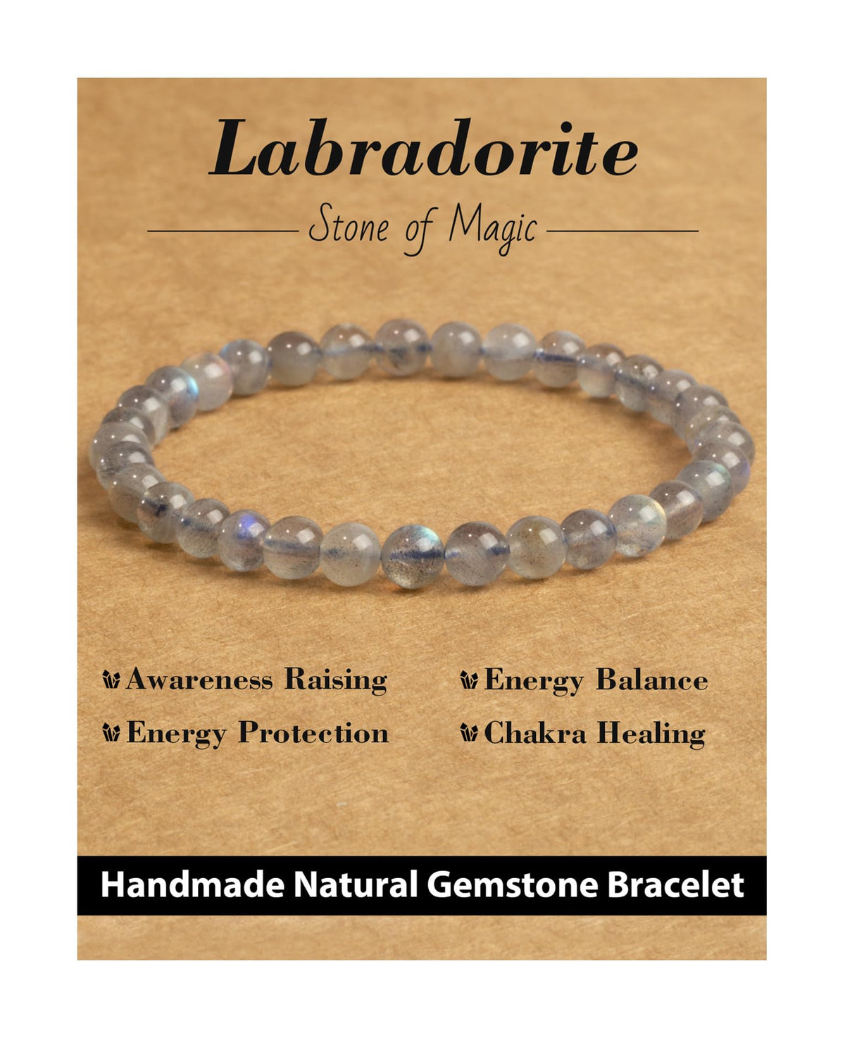 Landorilo Beaded Bracelet for Men Women, 6mm Natural Stone Labradorite Healing Crystal Stretch Bracelets, Ideal Christmas Birthday Jewelry Gifts with Energy Card，Replacement Beads Included